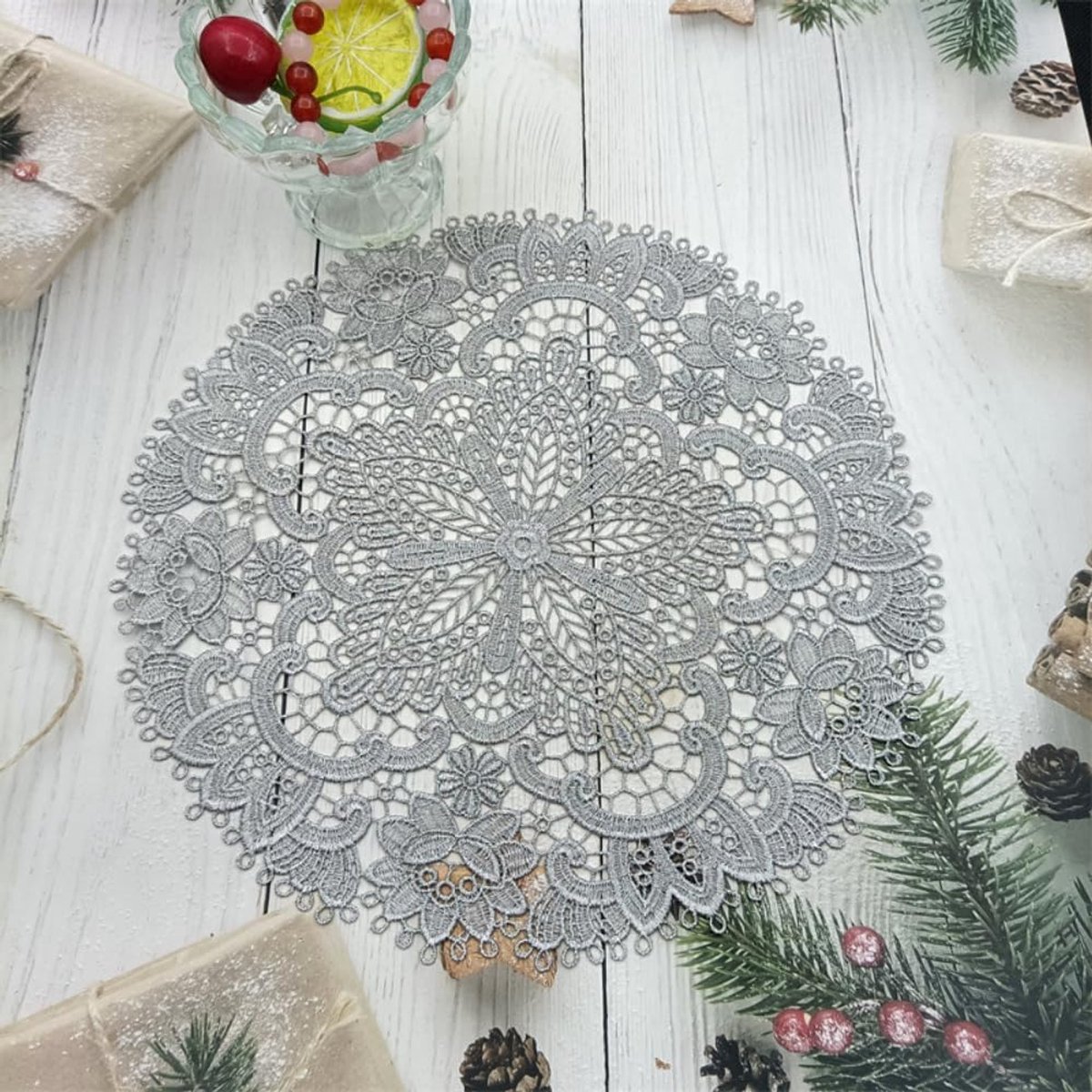 Set van 26 cm, kanten tafelkleden, gehaakte tafelkleden, tafelkleed, kant, rond, borduurwerk, tafelset, handgemaakt, geklonken, kant, voor keuken, eetkamer, zilver