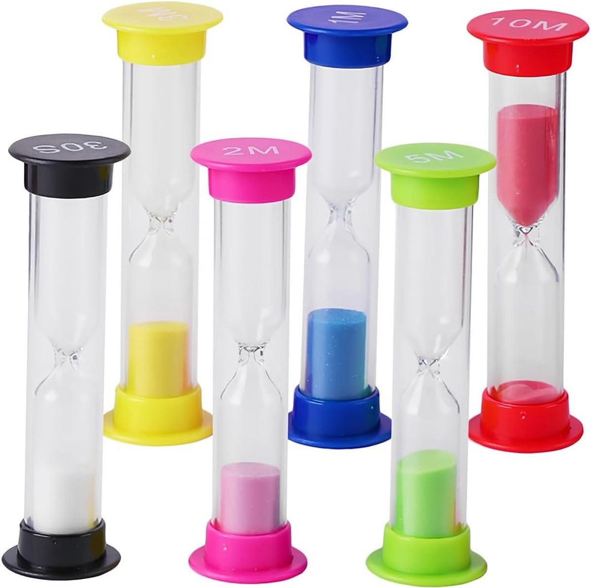 6 stuks Kleurrijke Zandlopers voor Kinderen, Zandloper, Kleurrijke Zandloperset 30sec, 1min, 2min, 3min, 5min, 10min, Tijdmeter Zandlopers voor Klaslokalen, Keuken, Spelletjes en Home Office