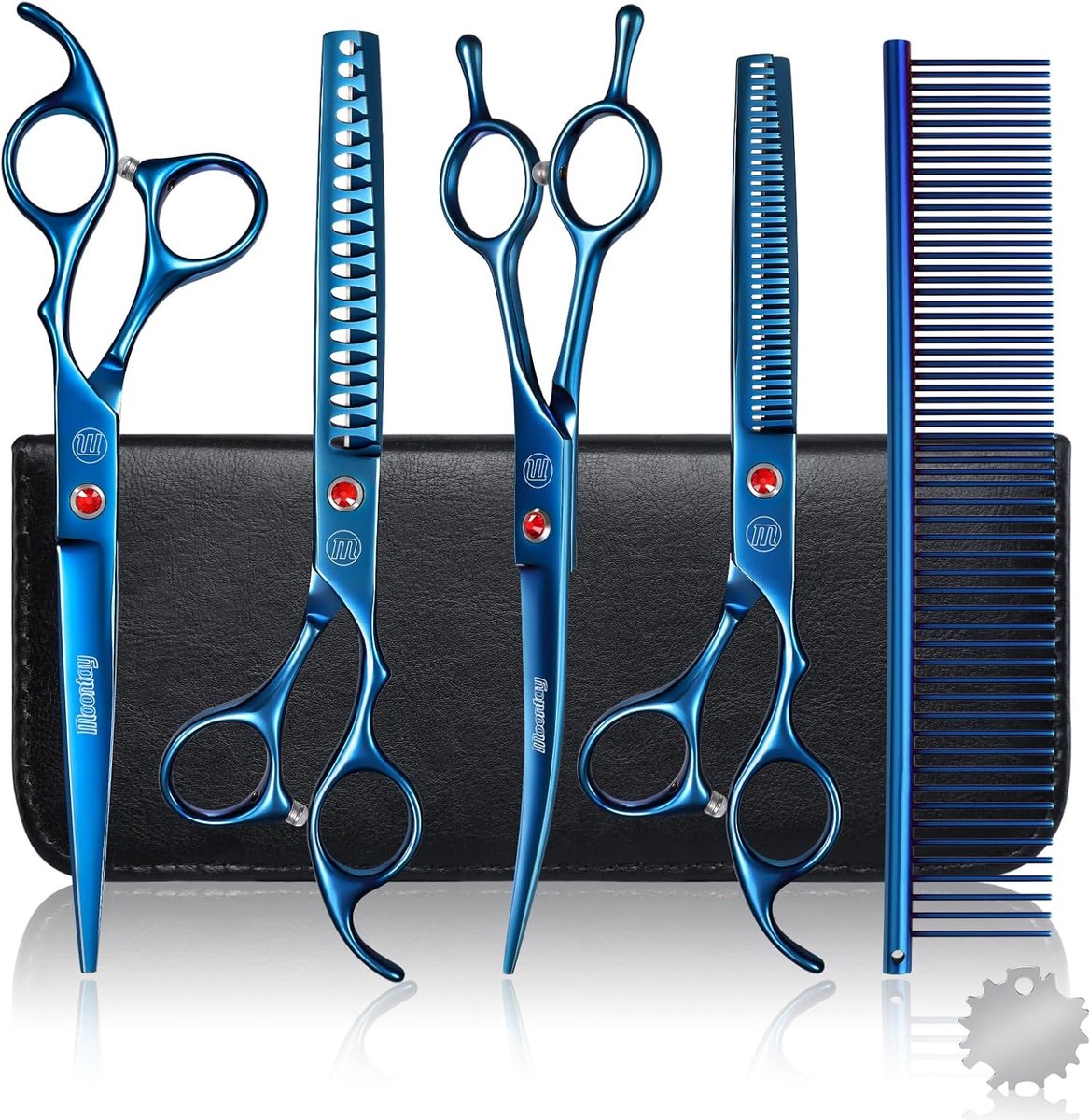 Hondentrimset Blauw | Hondenschaar van roestvrij staal, rechte schaar, gebogen, getand, glad, vis, kam, reinigingsdoek, tas