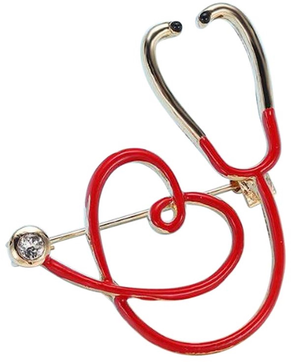 Broche van verguld staal, stethoscoop dokter en rood hart., Roestvrij staal