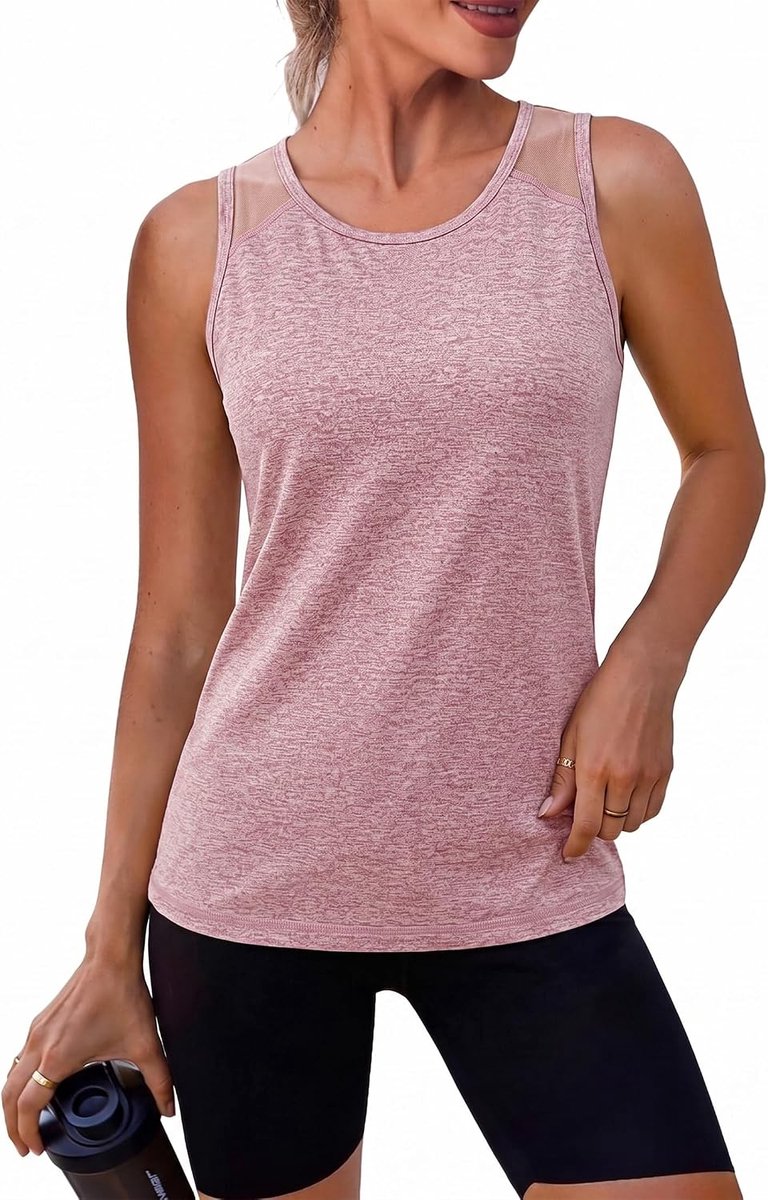 Sporttop voor dames, ronde hals, mouwloos, ademend, top met mesh-schouders, voor yoga, fitness, zomer, sportshirt, bovenstuk