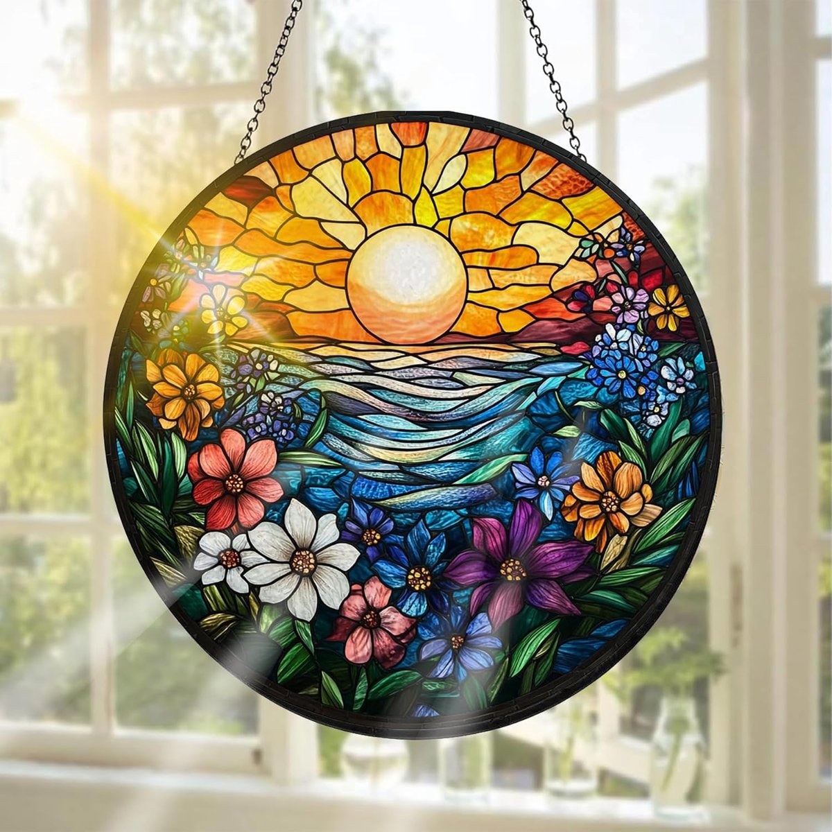 Glas-in-Lood Raamdecoratie, Ideaal Om Het Raam Mee Te Versieren Bloemen - Handgemaakte Raamdecoratie Voor Tuin, Raam, Binnen En Buiten, Kerstfeest, 20 X 20 cm