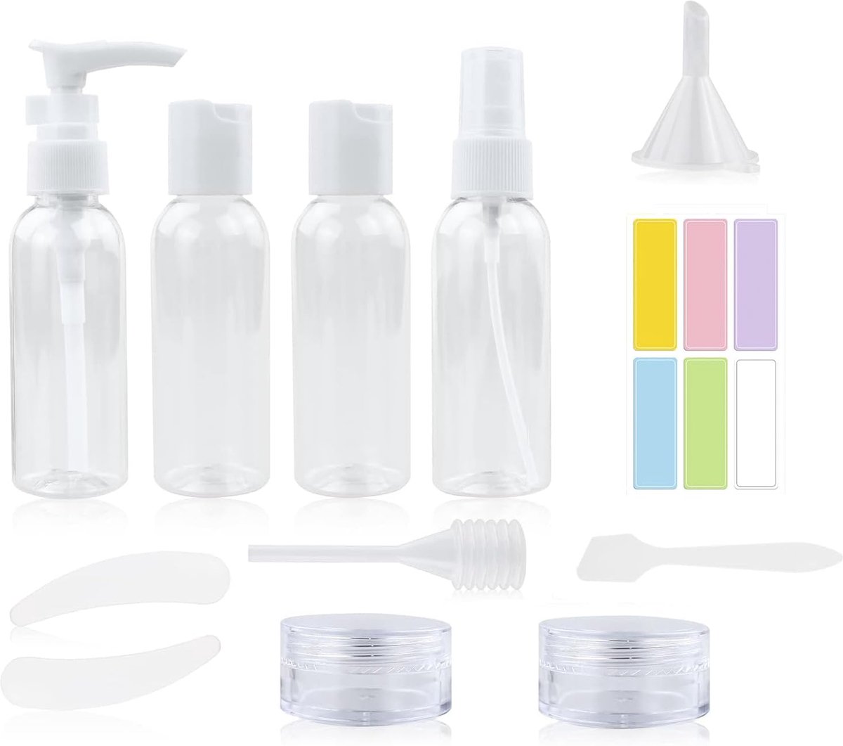 11 stuks reisflessenset met 1 kleurrijke etikettensticker, navulbare reiscontainer, plastic toiletartikelhouder met kleine spuitflessen, transparante toilettas