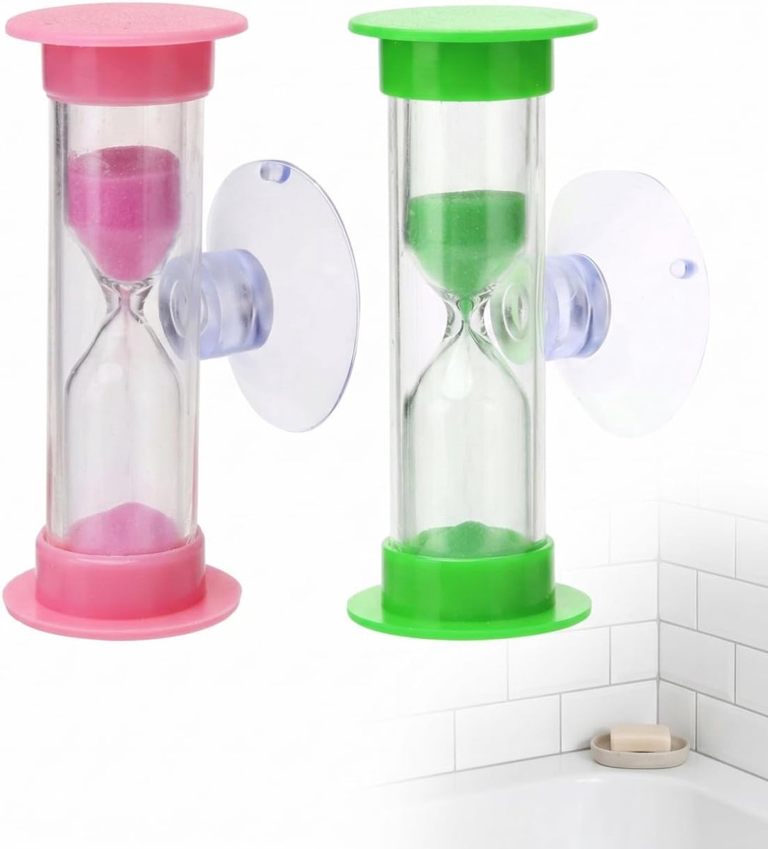 2 stuks, 3 minuten, groen, roze, met zuignap, timer van kunststof voor tandenpoetsen, spelletjes, kantoor en keuken