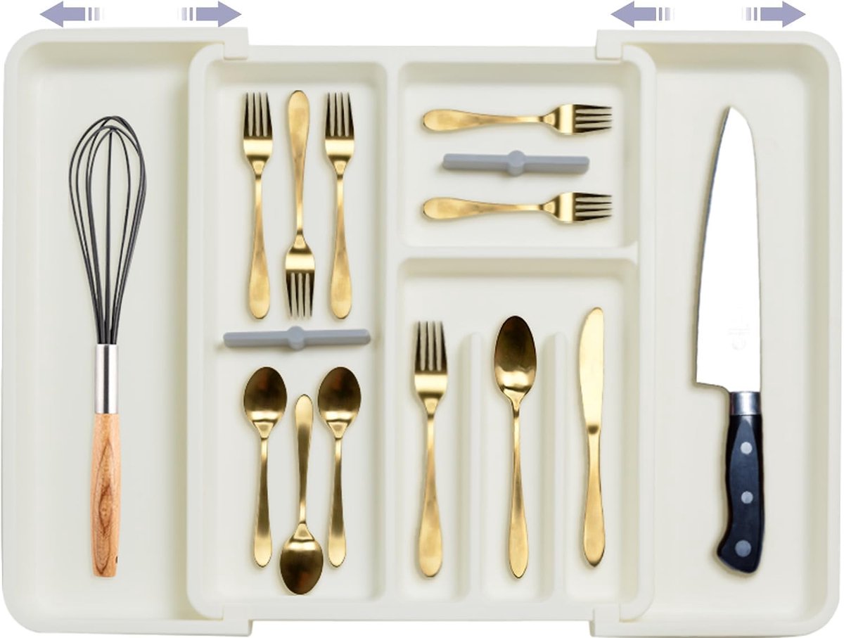 Bestek Lade Organisator, Uitbreidbare Bestekbak met Verwijderbaar Messenblok, Bestekbak voor Laden, Zilverwerk Organizer, Verstelbare Besteklade, Organizer voor Keuken (Wit-RX)