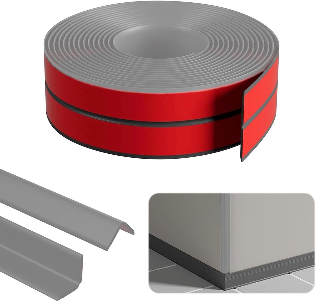 Zelfklevend, 2cm x 2cm x 12m Hoekprofiel Zelfklevend, PVC Flexibel Zacht Sokkelprofiel Grijs, Randbescherming Zelfklevend, Flexibel Hoekprofiel Zelfklevend voor Deuren, Ramen, Muren
