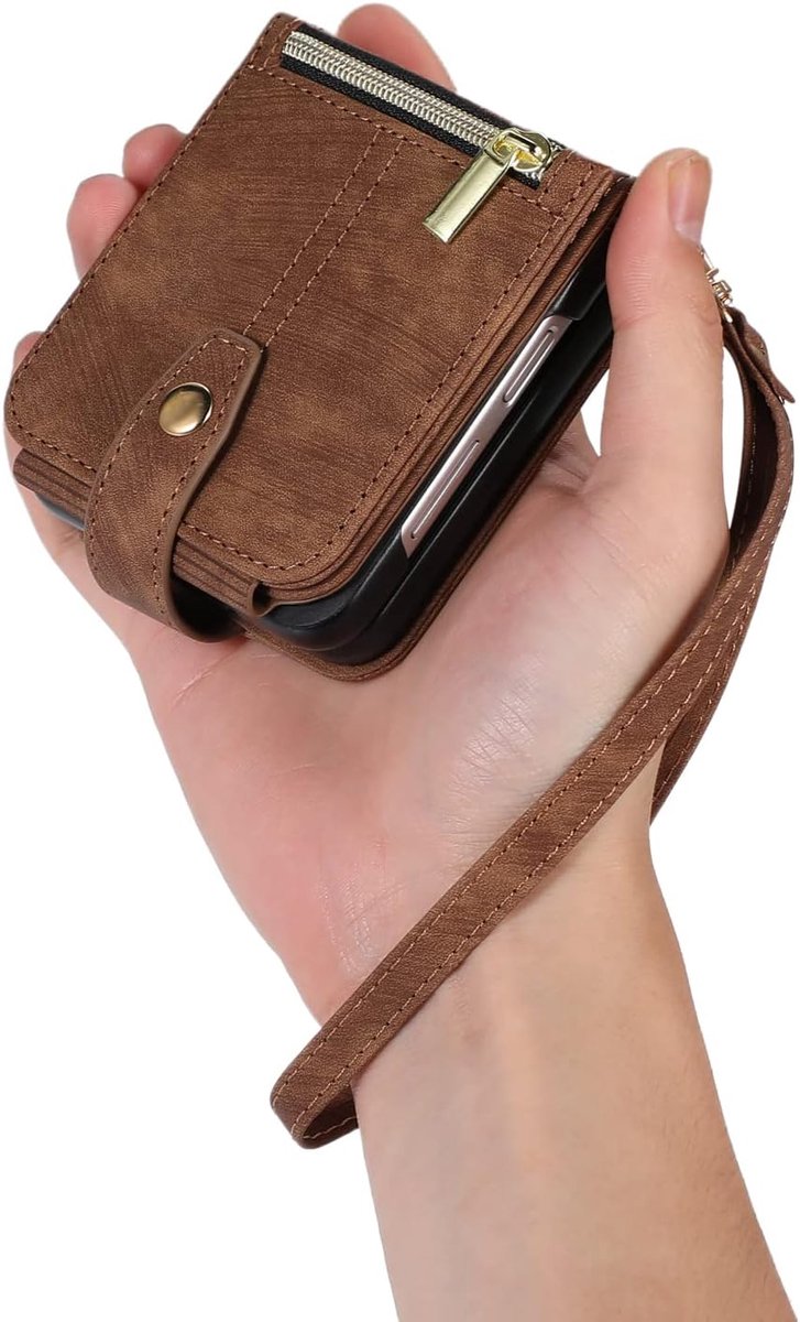 Portemonneehoesje voor Samsung Galaxy Z Flip 5/6/7 FE, 3 kaartsleuven Retro lederen portemonnee, schokbestendige flip cover met handriem, kaartsleuven, ritsvak, kickstand, handtas, magnetische