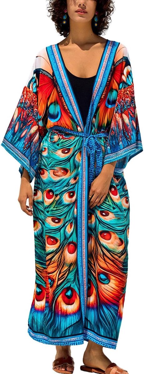 Katoenen Vest Boheemse Lange Kimono Strand Badpak Cover-up Jurk Plus Size Badjas