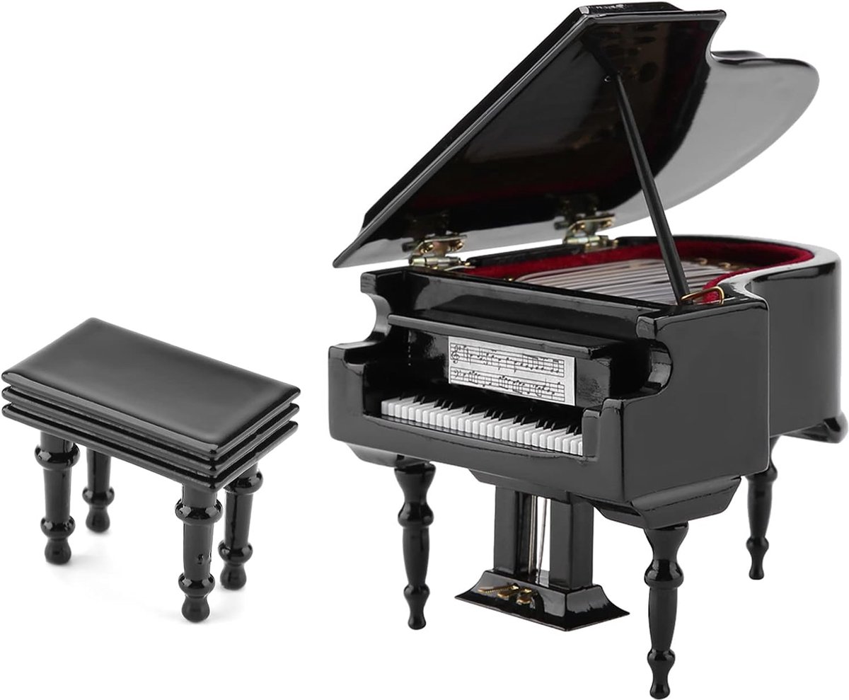 pianomodel, zwart houten pianomuziekinstrumentmodel met bank en koffer, voor collectiecadeau Home Desktop Decoration