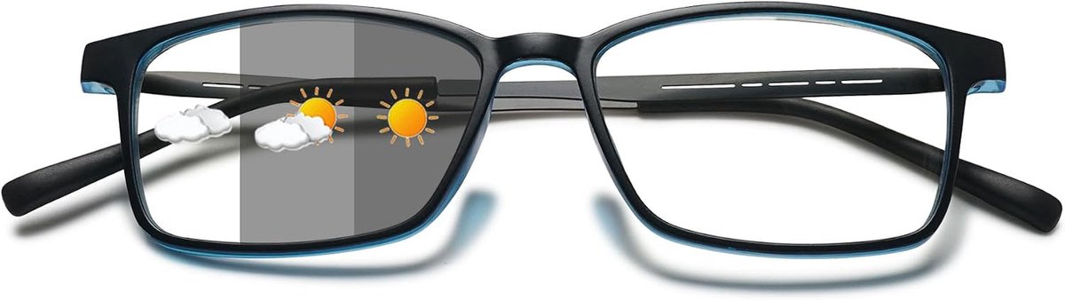 Zelfkleurende Leesbril Heren en Dames, Blauwlichtfilter, Fotochroom, Leeshulp, Rechthoekig, UV-Bescherming, Zichthulp, Flexibel, Volledig Scherm, Zonnebril Met Gezichtssterkte 2.5 Dioptrieën