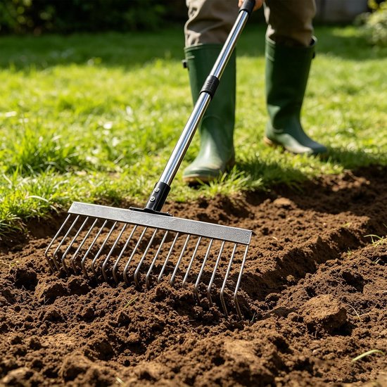 Hark, tuinhark, bladbezem, metaal met 160 cm roestvrijstalen steel, waaierbezem metaal, lange steel, bladverzamelaar, tuinhark voor bladeren, binnenplaats, gazon, bloembedden — afbeelding 2
