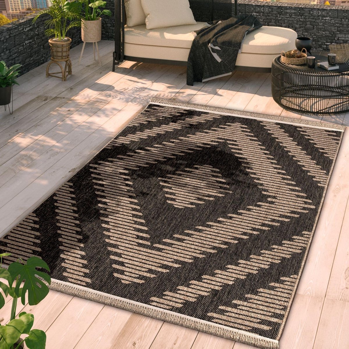 Home Tuin Vloerkleed Binnen En Buiten Balkon Wasbaar 3D Bloemmotief Berber Vloerkleed, Kleur:Beige Antraciet, Maat:160x220 cm