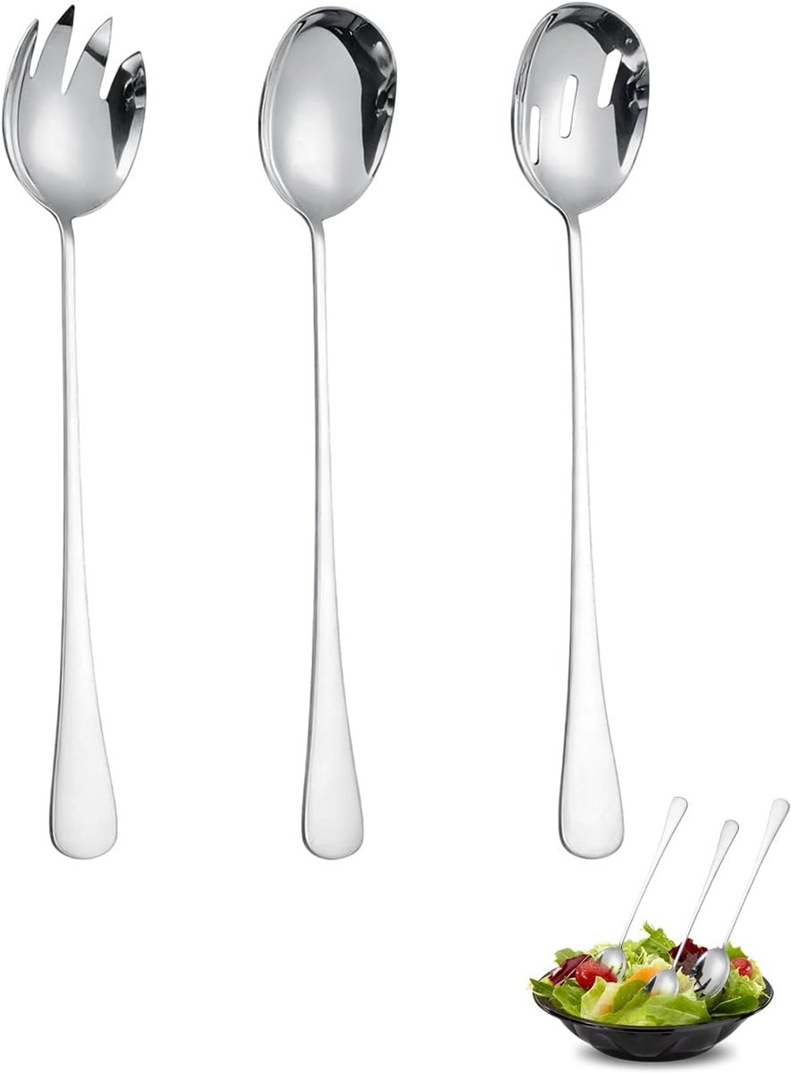 3-delig saladebestek, saladebestek, saladebestek, saladebestek, lange mouwen, roestvrij staal, voor keuken, eetkamer (zilver)