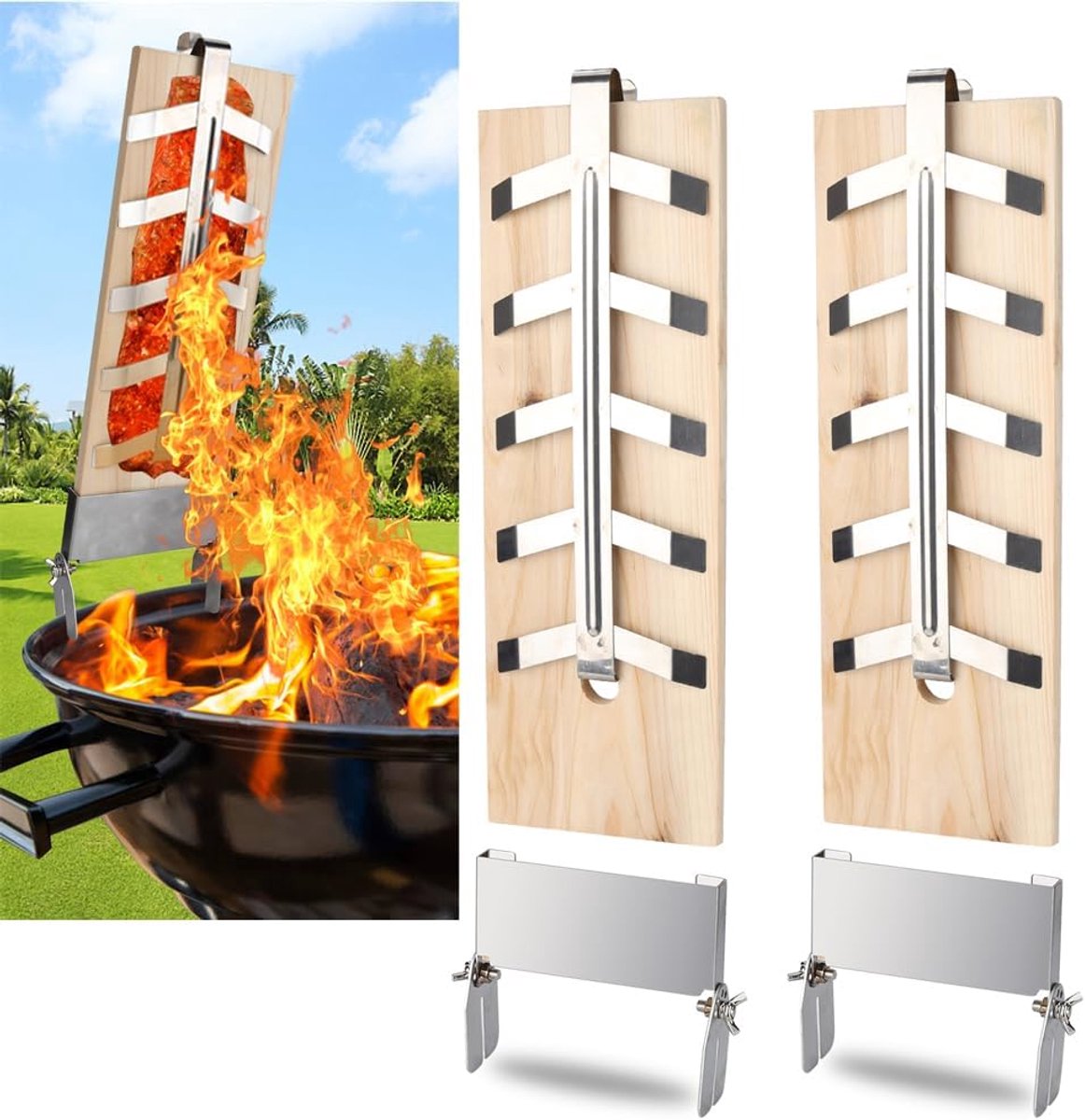 2 x zalmplanken met houder, rookplank, zalmplank, cederhouten grillplank, cederhouten plank met stabiele roestvrijstalen houder voor vuurschaal en grill