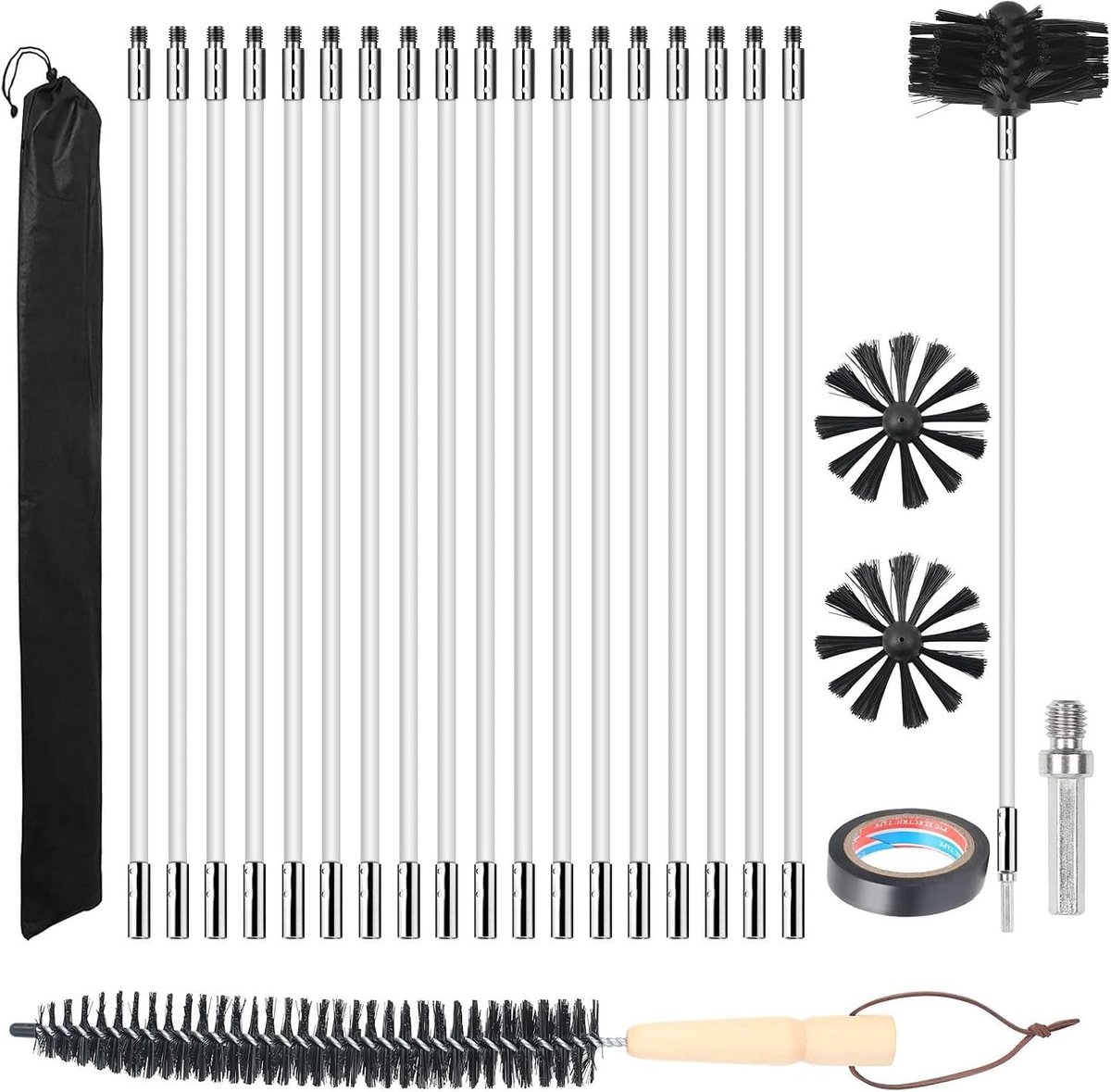 Ø 150 mm haardborstel schoorsteenborstel incl. 18 staafjes 410 mm en 2 opzetstukken, kachel, haardborstelset, buisreinigingsstaaf