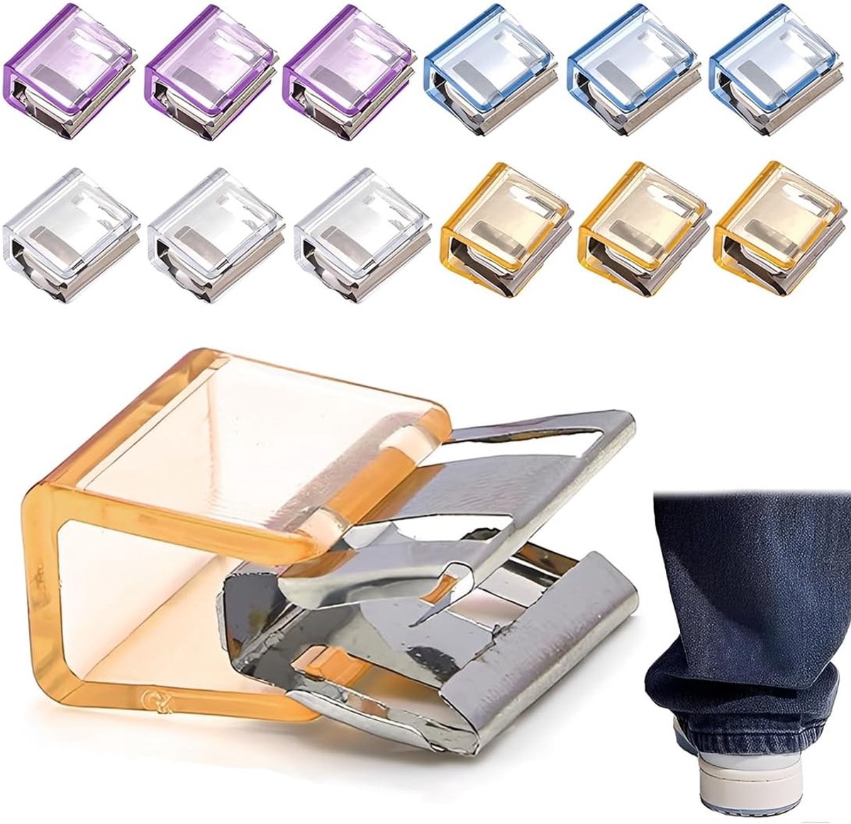 12 stuks broekpijpclips, onzichtbare verstelbare knopen zonder naden, ideaal voor lange broeken, jeans, broekpoten, vrije tijd en dagelijks gebruik, wit, geel, blauw, paars