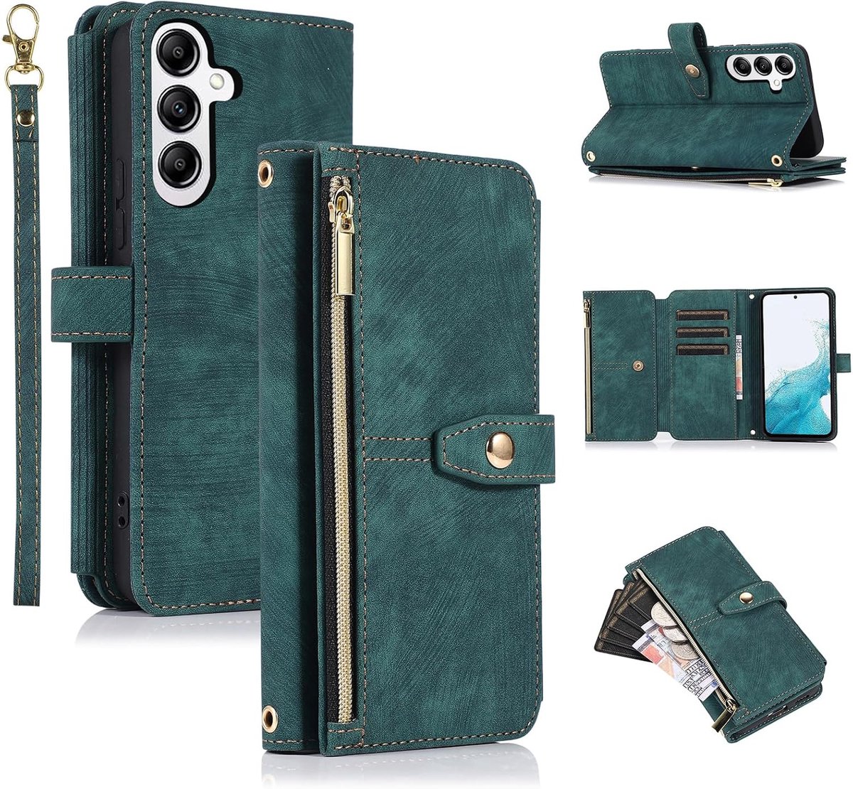 Hoes voor de Samsung Galaxy A36 5G, 9 kaartvakken, retro, lederen portemonnee, schokbestendig, flip case met handlus, standfunctie, ritssluiting, telefoonhoes met magneetsluiting, portemonnee