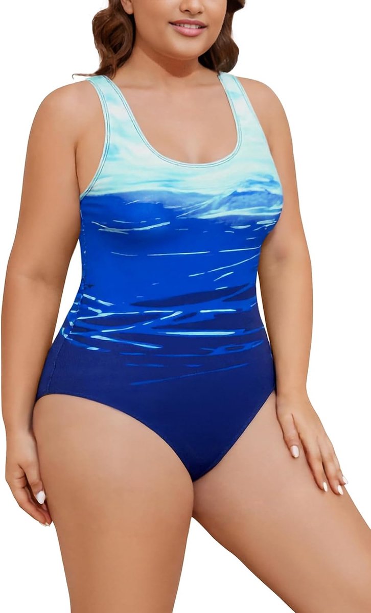 Badpak voor dames, grote maten, eendelig, sportbadpak, buikweg, gevoerde badjurk, shape, badmode, buikcontrole, U-hals, eendelig badpak