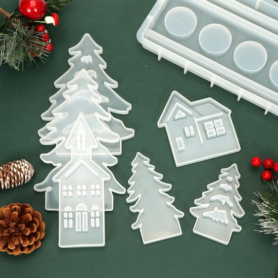 7 stuks siliconen gietvormen Kerstmis, siliconenvorm huizen, gietvormen silicone Kerstmis kaarsenhouders, gietvorm kerstboom gipsvormen voor gieten voor DIY handwerk, kaarsen, gips — afbeelding 2