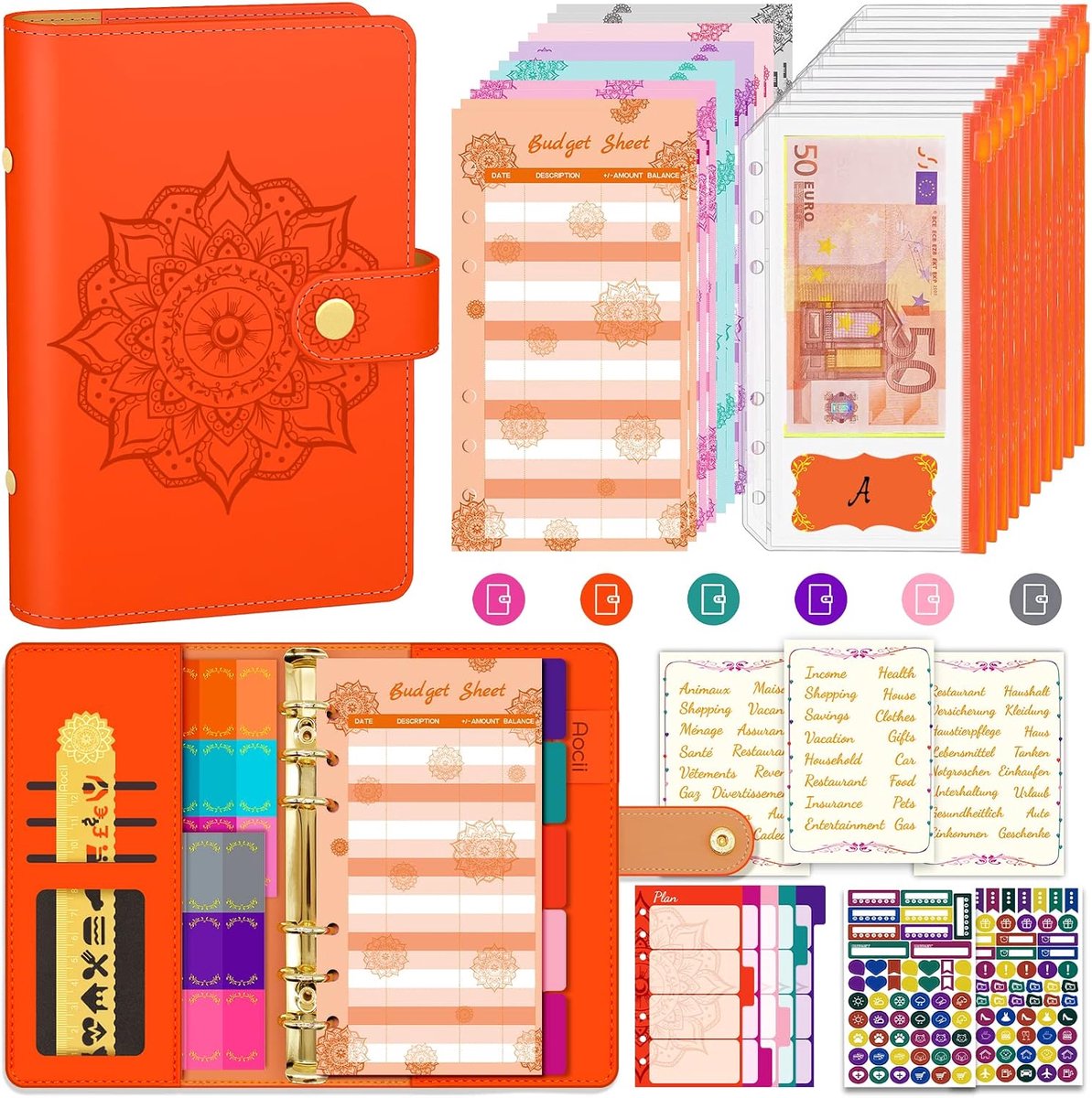 Budget Binder A6 - Budgetplanner Financiële Planner, Budgetboek met Geldbakjes, Budgetplanner Labelen, Geld vullen, Geld Organiser (Koraal Oranje)