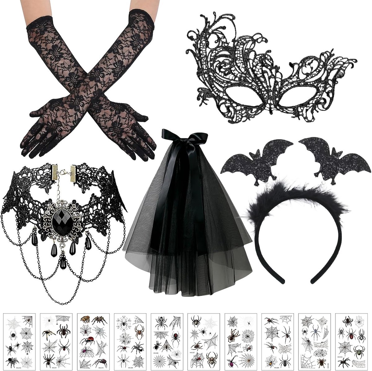 Accessoires voor dames, 5 stuks, gothic zwarte kant, handschoenen, halsketting, oogmasker, tattoo-stickers, gothic kostuumaccessoires voor carnaval, kostuum, bruiloft