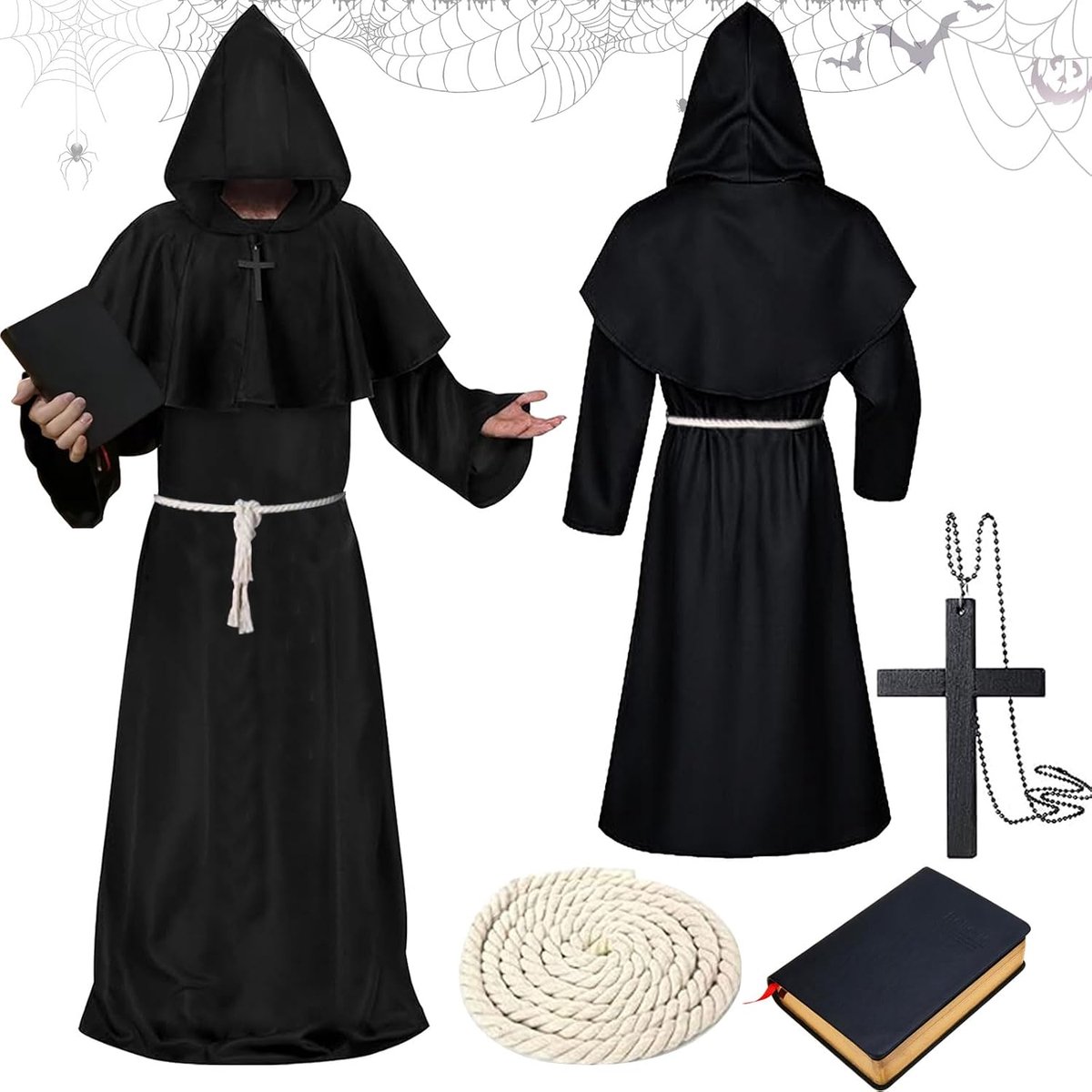 Carnavalskostuum voor mannen, priesterkostuum, priesterkostuum voor heren, middeleeuwse kleding voor heren, perfect geschikt als carnavalskostuum voor heren, maskeradekostuums (zwart)