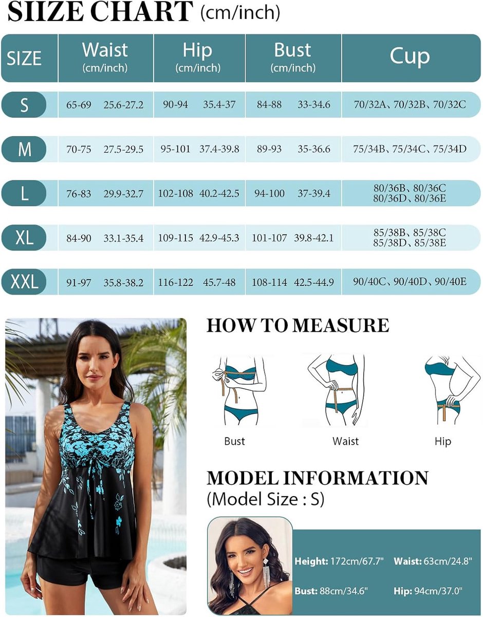 Tweedelig badpak voor dames, V-hals, tankini-set, badpak, gevoerd, push-up-beha, badmode, bloemen, tankini, tops, shorts, oversized, strandkleding