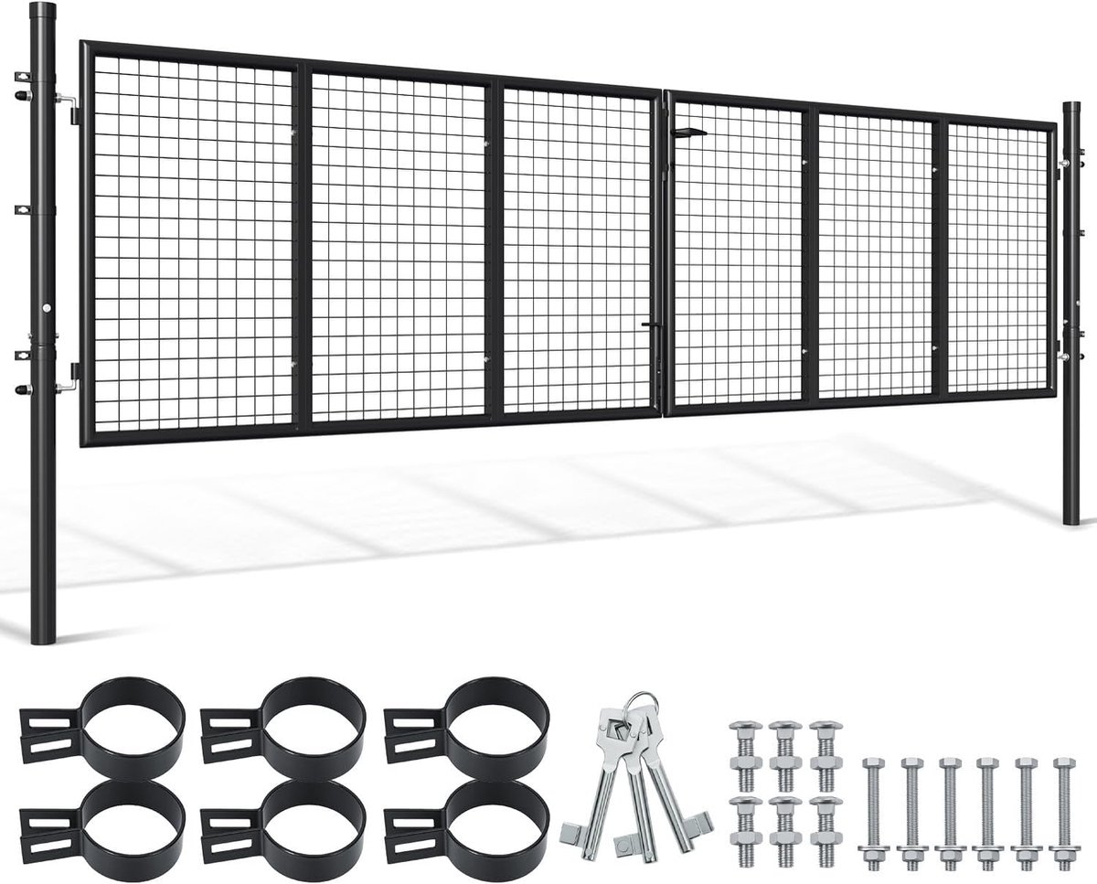 Dubbele vleugelpoorten, 350 x 100 cm, metalen tuinhek, inclusief handvat, slot en 3 sleutels, robuuste tuindeur voor hekdeur, tuinpoort, hekpoort, antraciet