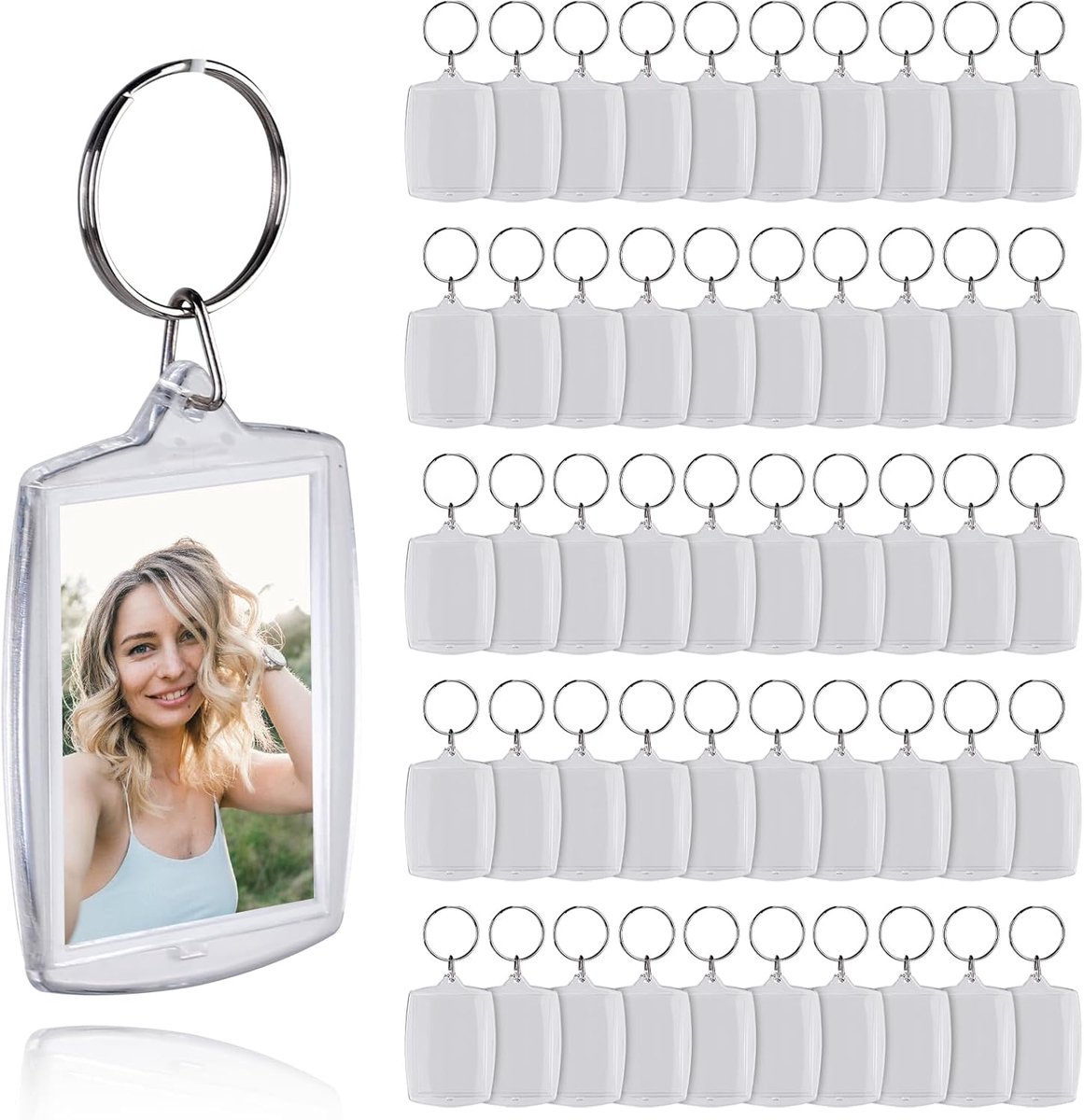 50 stuks sleutelhangers foto: 5,5 x 4 cm acryl foto sleutelhanger met sleutelring, lege sleutelhanger voor familie en koppels foto knutselcadeau, mannen vrouwen verjaardag jubileum, wit, 5.5 x
