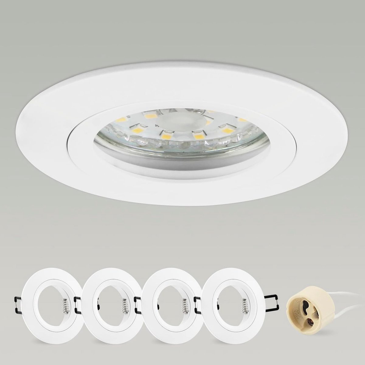 4 x inbouwspots GU10 aluminium, wit, inbouwspot, montageframe met GU10-fitting, rond, plafondspot, 68 mm, extra plat, voor ledlampen, montagegat Ø 60-70 mm, 230 V