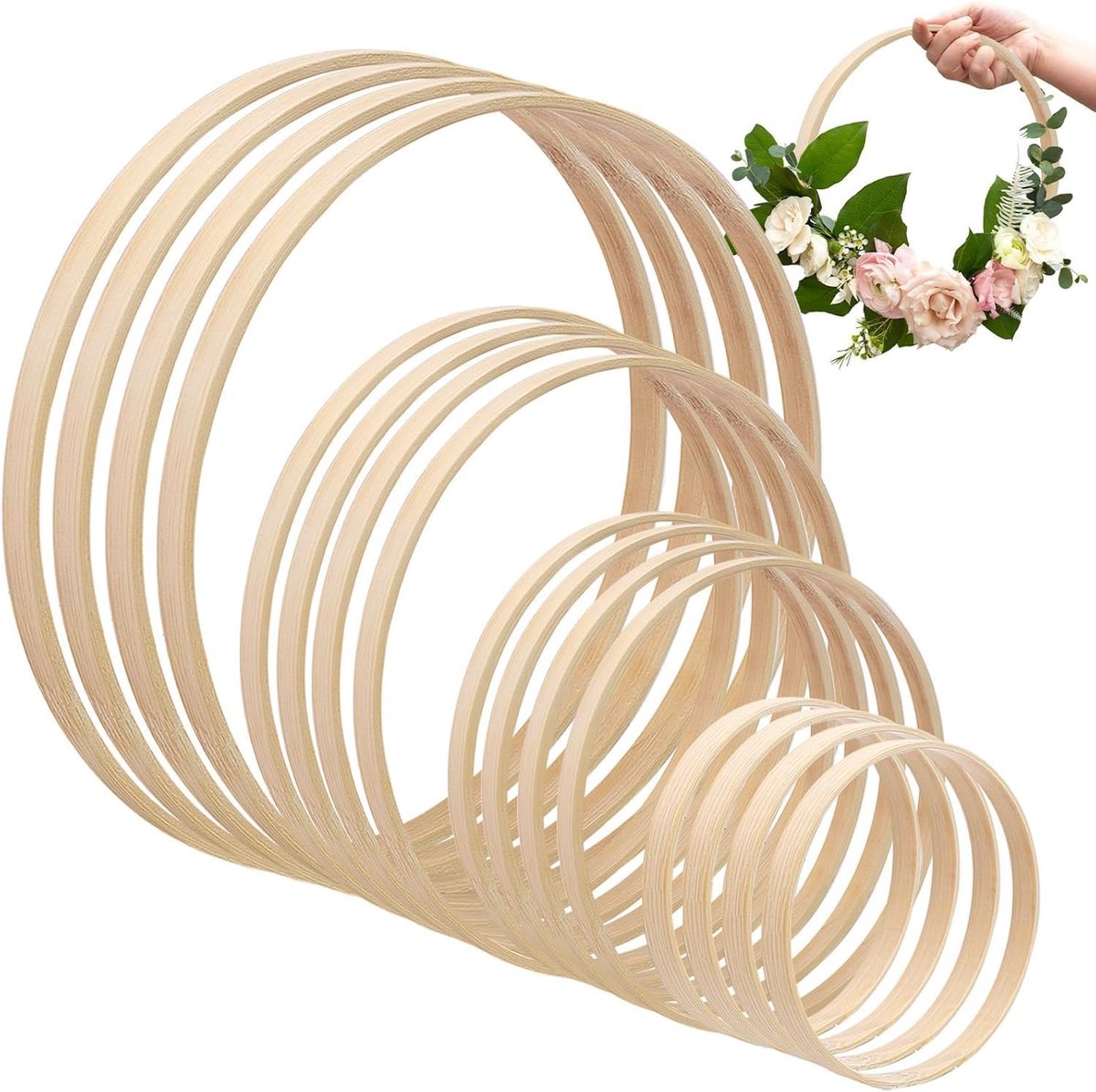 16 stuks houten ringen om te knutselen, 4 maten 10/15/20/26 cm dromenvanger macramé ringen, bamboe houten ringen voor doe-het-zelf dromenvanger, bruiloftskrans decoratie en wandbehang