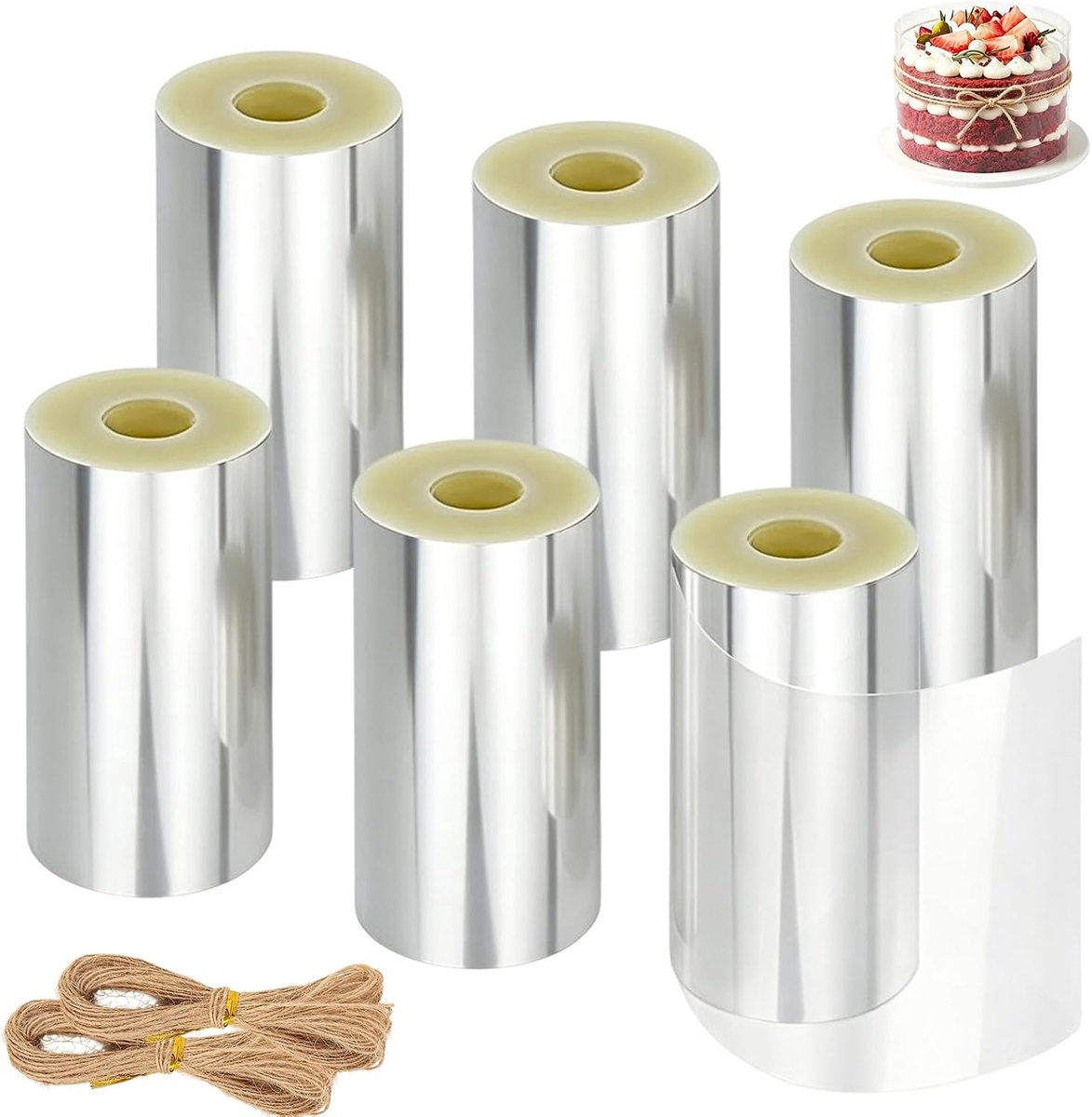 6 rollen taartrandfolie, 6 cm hoog, taartfolie, transparant, herbruikbaar, taartring, folie met 2 henneptouwen, taartfolie, acetaatfolie voor mousse, cake, chocolade, dessertringen