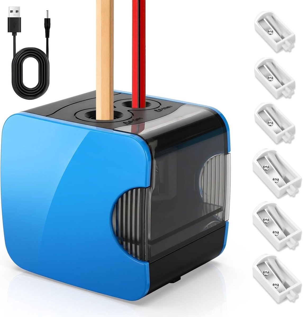 Elektrische puntenslijper, elektrische puntenslijper voor kinderen, batterij en USB, twee modi, dubbel gat