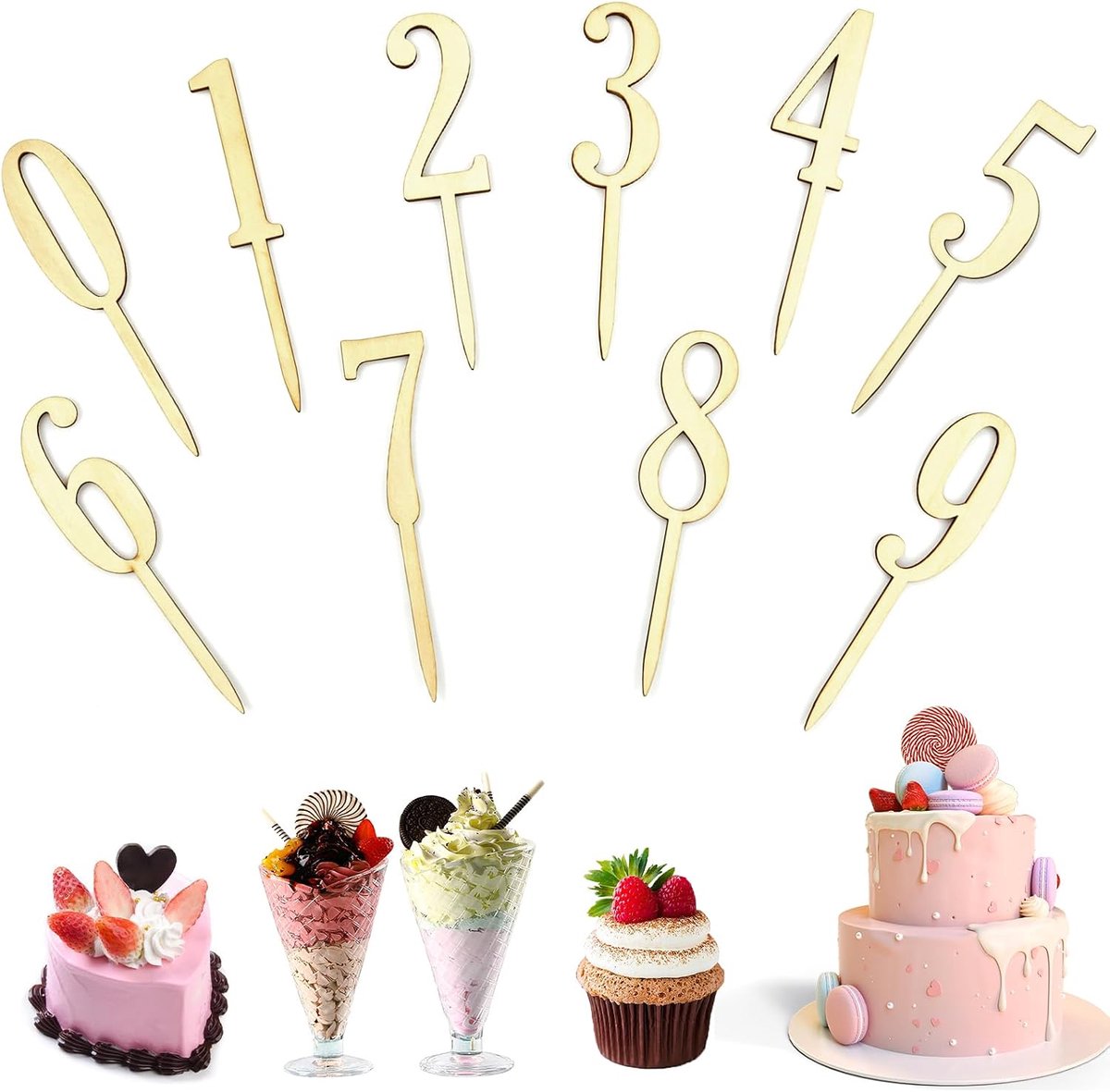 10 stuks taarttoppers, cijfers, hout, 0-9e verjaardag, taartdecoratie, herbruikbaar, Happy Birthday, cupcake-topperdecoratie, 15 cm, taartdecoratie, voor bruiloft