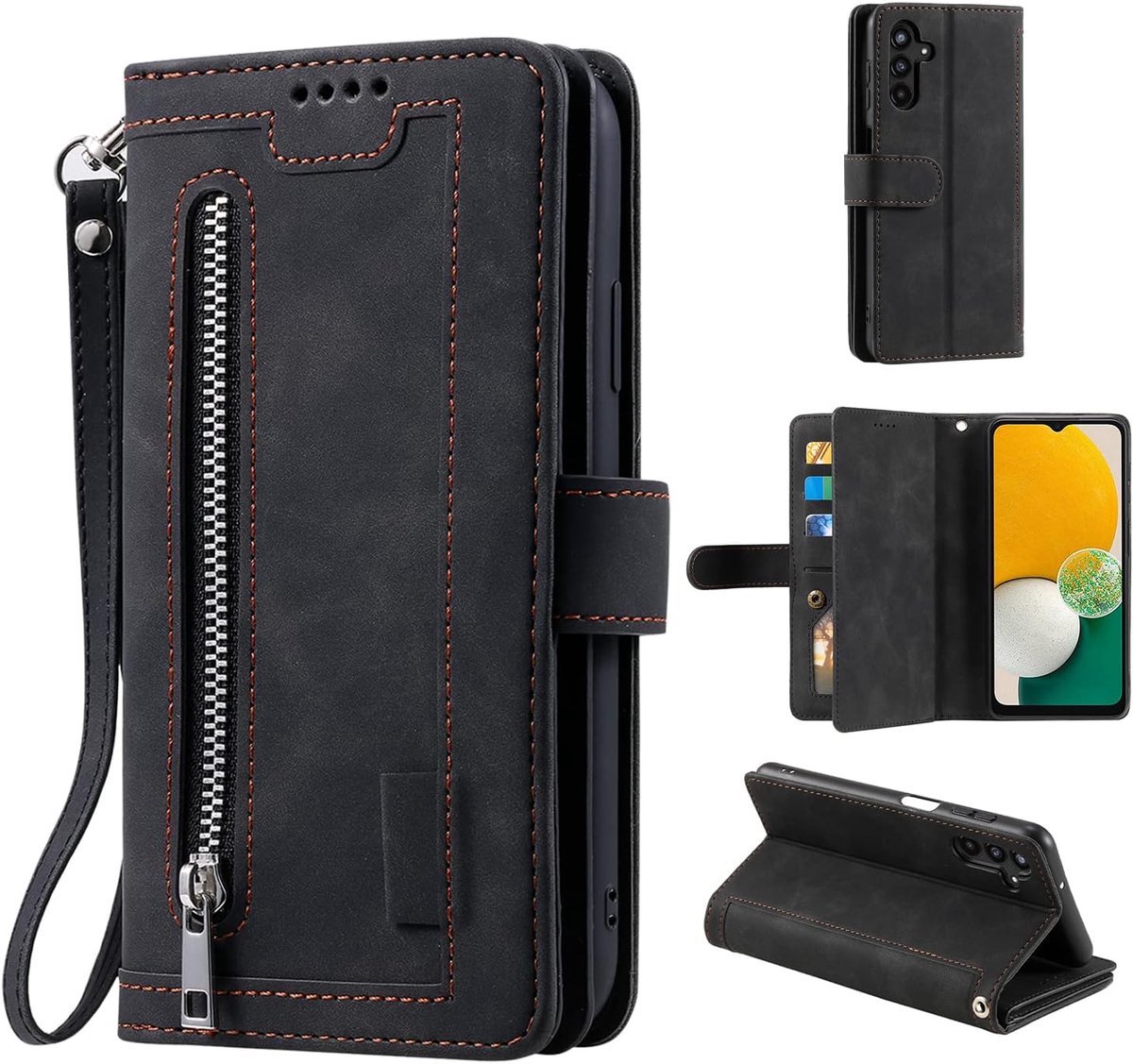 Hoesje voor Samsung Galaxy A56 5G, Leren Flip Case met Magnetische Rits, Portemonnee met 9 Kaartsleuven, Standfunctie, Retro Mat Leren Hoesje - Zwart