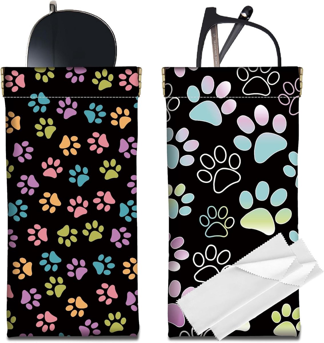 2 stuks Brillenkoker Van PU Lederen Zachte Zonnebriletui Slanke Brillenkoker Draagbare Reistas met knijpsluiting Reinigingsdoek Cadeau voor Dames Heren Poot Print 18 x 9 cm