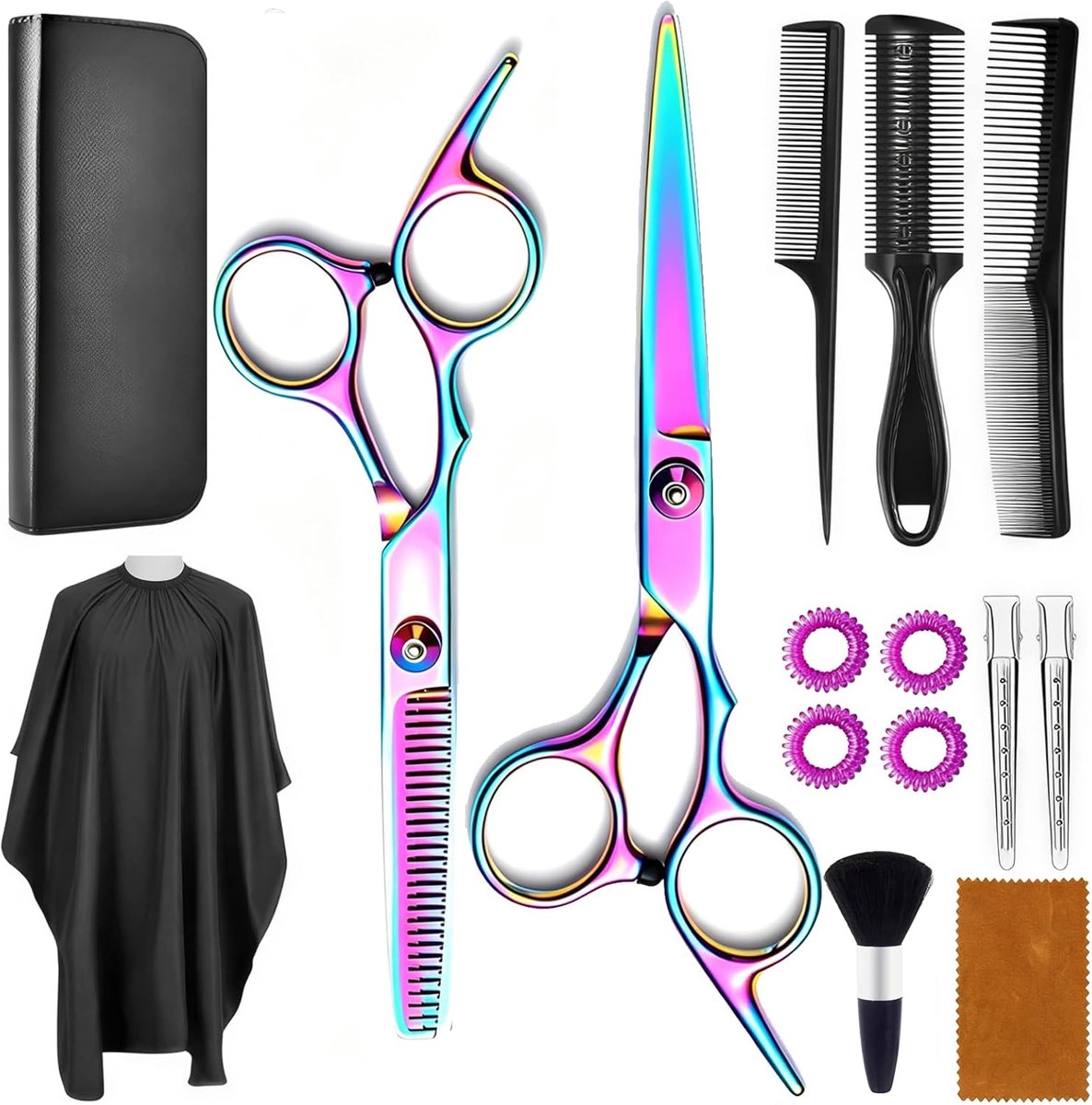 15 stuks haarknipschaar, 17 cm kappersschaar, hoge kwaliteit 440C Delstaal, kappersset, met kappercape, voor dames, heren, kinderen, gezinnen en kapsalon