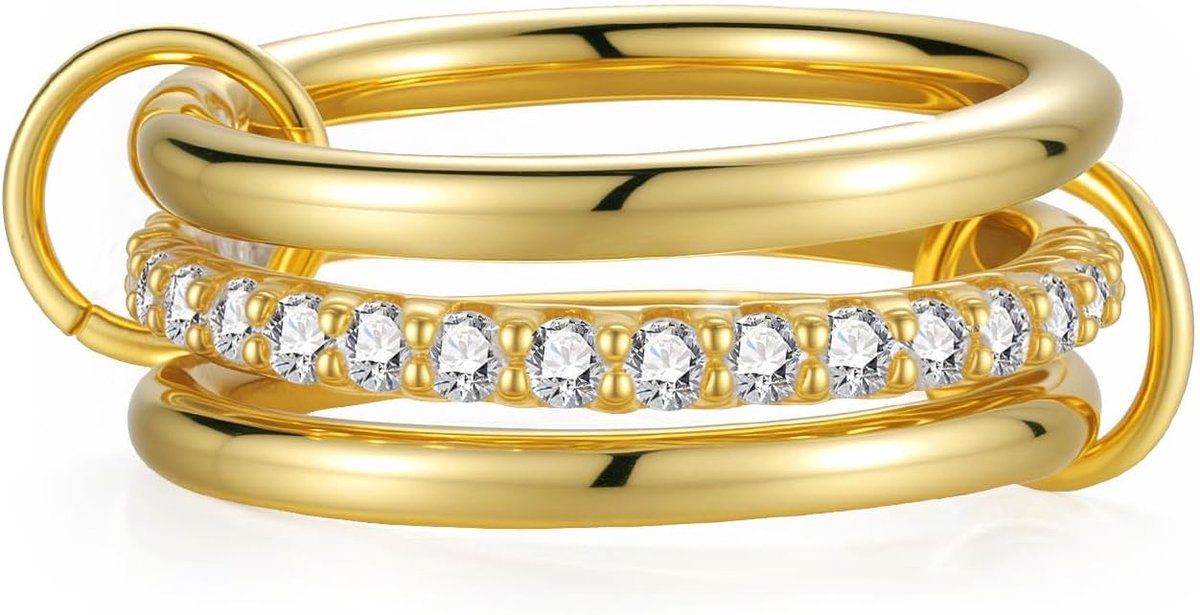 Stackable Gold Rings, 3PCS Non Tarnish 14K Gold Plated Ring, Size 9 | Dainty Cubic Zirconia Ring Trendy Statement Band Wedding Rings, Multi-Link Connected Metal Ring Set,Jewelry Gift for Women