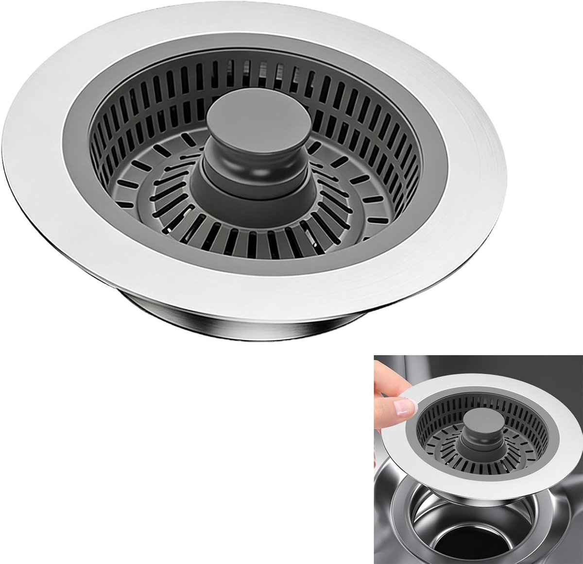 Gaten van 75-82 mm, diep 28 mm, flexibel voor krachtige gootsteenstop, roestvrijstalen mantel met anti-verstoppingszeef, water opslaan, geïntegreerde geursluiting