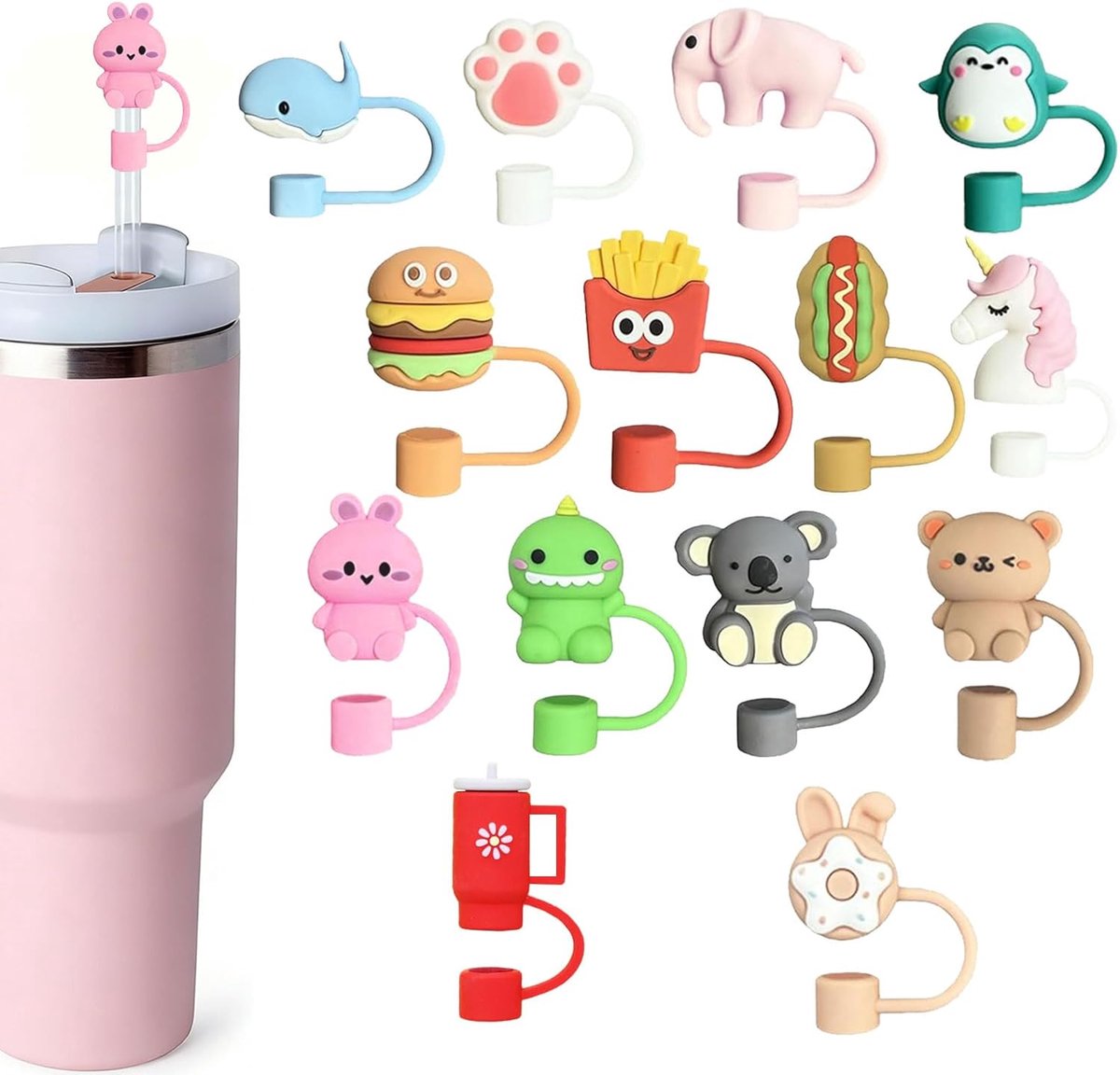 14 stuks Tumbler Rietjesafdekkingen, schattige dieren herbruikbare rietjes toppers, voedsel-veilig siliconen rietjes afdekkingen, perfect als cadeau