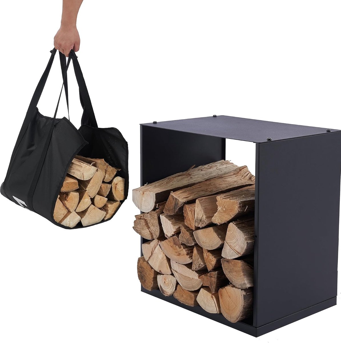 Houtopslag rek 40x28x40cm - met draagtas - zwart metaal - geschikt voor binnen en buiten - SnelShoppen