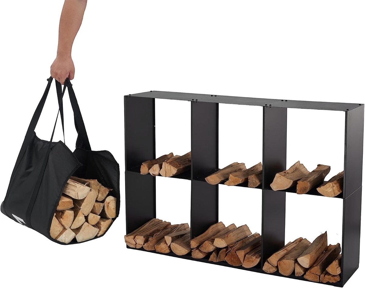 Houtopslag rek 80x28x120cm - zwart metaal - stevig en stijlvol - voor binnen en buiten - SnelShoppen