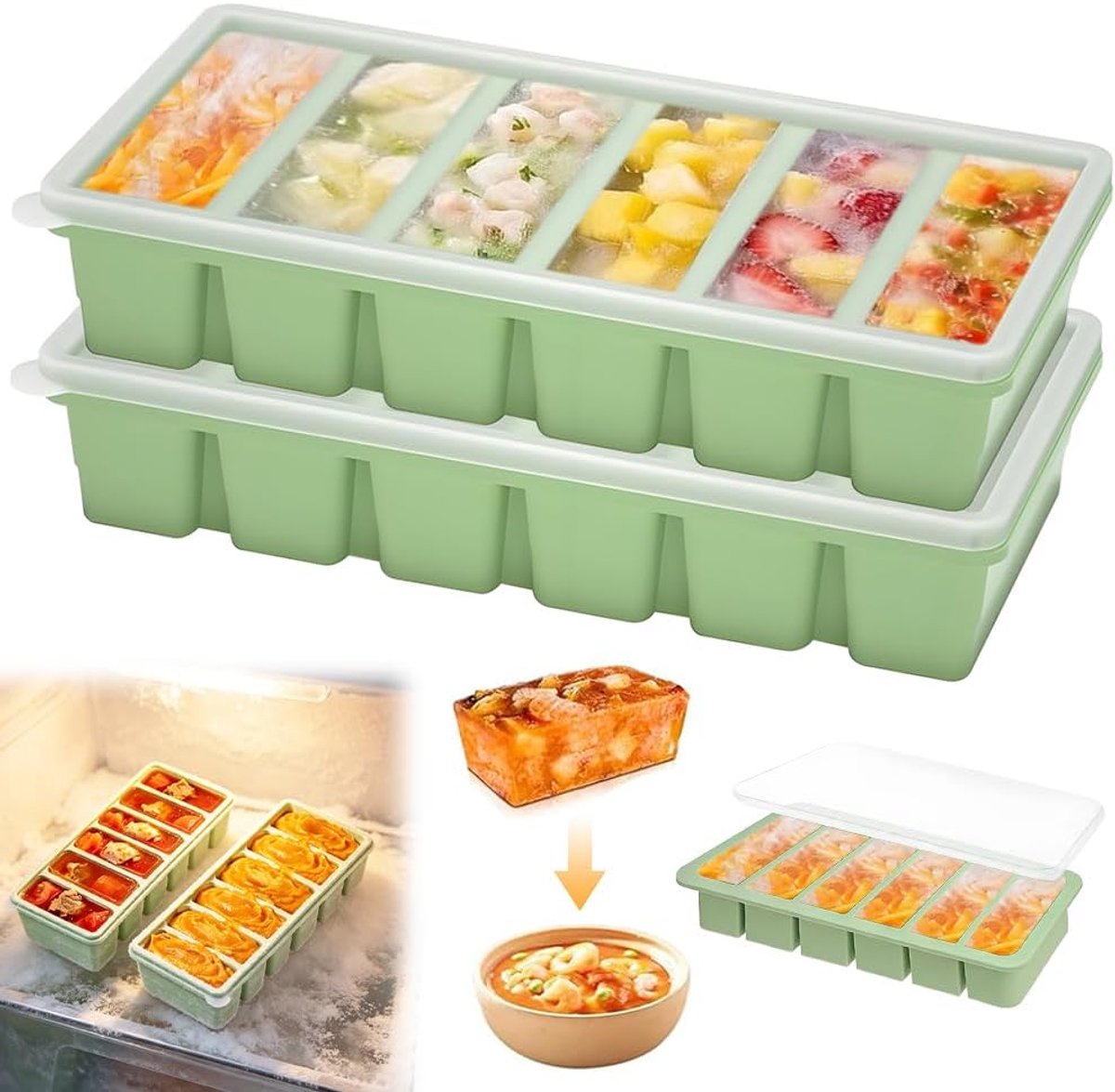 2 stuks soep, invriezen, 600 ml siliconen vriesvorm met deksel, 6 gaten, vriesdoos, voedselcontainer, extra grote ijsblokjesvorm voor het invriezen, soep, ijsblokjes, bouillon, sauzen
