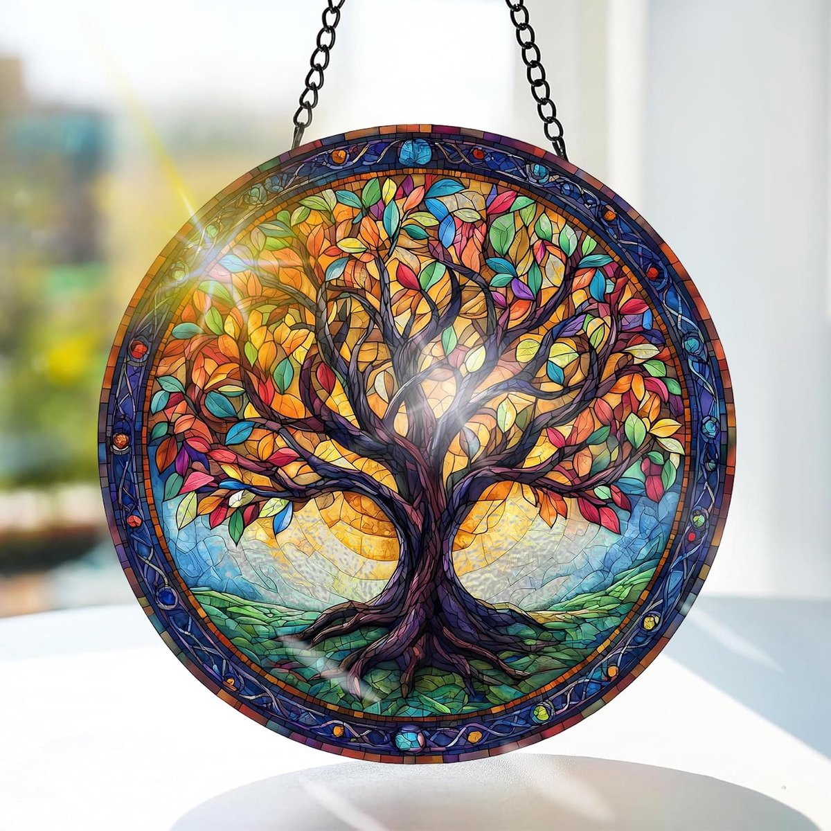Kleurrijke Boom Gekleurd Glas Hangend - Herfst Hangende Raamdecoratie - voor Tuin, Raam en Deur, Verjaardag voor Vrouwen, Handgemaakte Suncatcher Decoratie 20x20 cm