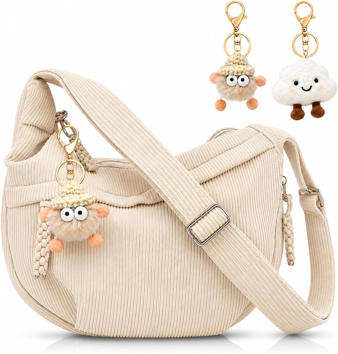 Schoudertas voor dames, beige, corduroy, halve maan, lichte crossbody tas met verstelbare schouderriem, 6 vakken, voor universiteit, werk en reizen