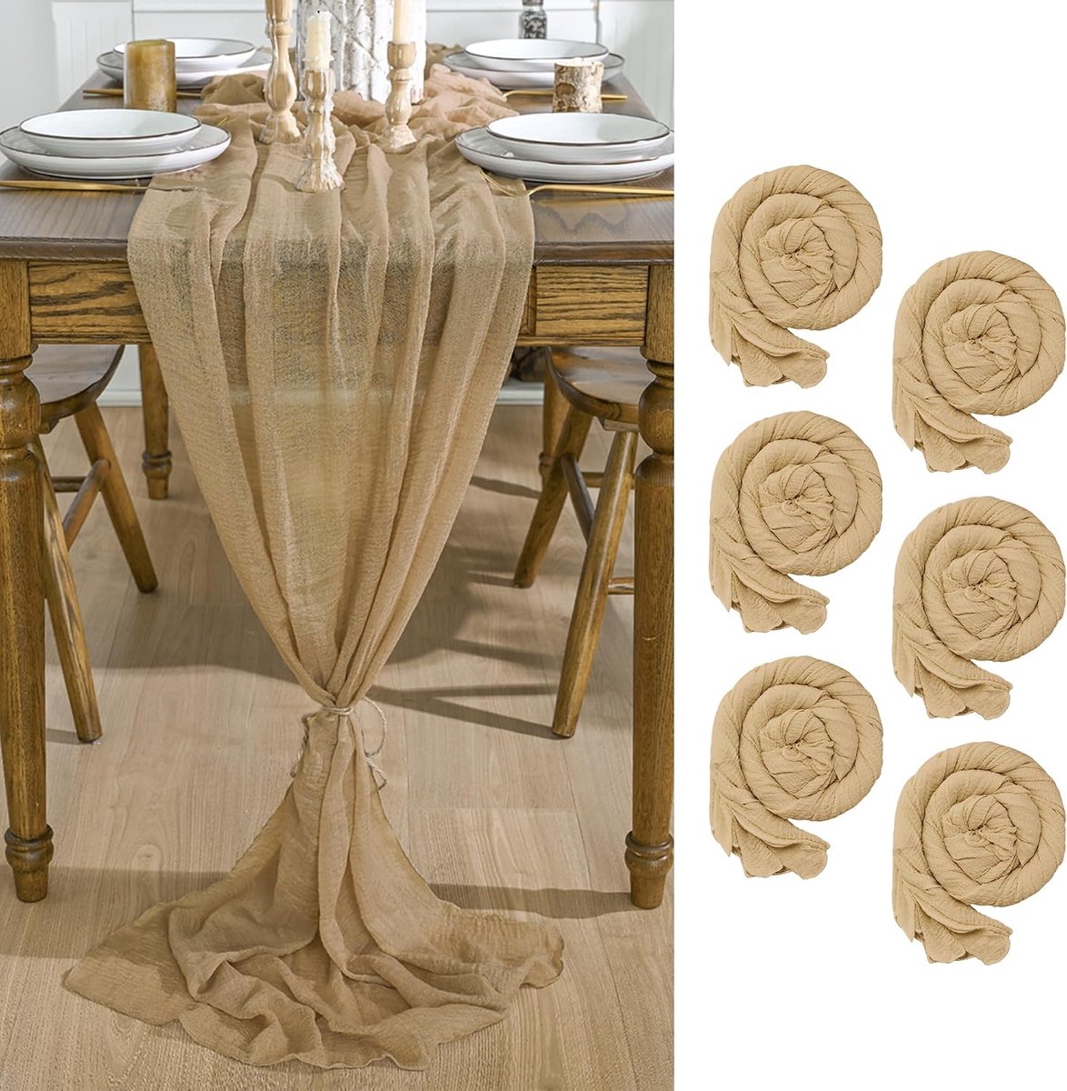 Mode Boho kaasdoek, gaas, zand, 6 stuks tafellopers, 80 x 300 cm, tafel, huis, woonkamer, decoratie, binnen, vakantie, bruiloft, feest, verjaardag, decoratie | Seizoensgebonden Bruids Stof Keuken Eetkamer Vakantie Tafel Decor voor Home Party