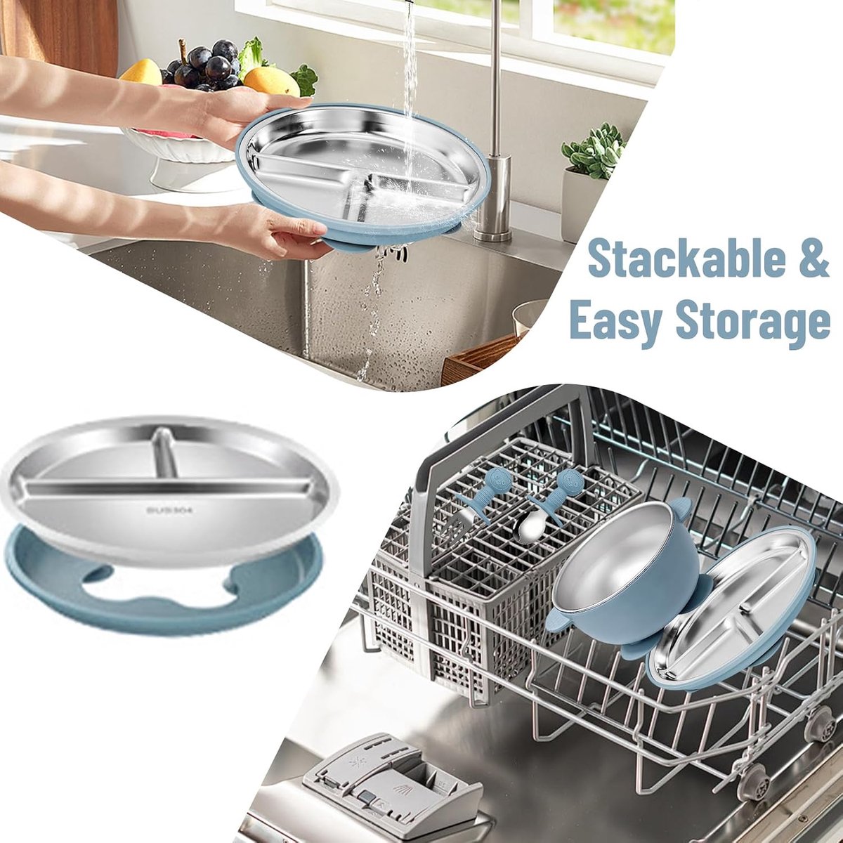 4p Inox Bord Kom Zuignap Silicone | antislip zuignap stabiel; gescheiden vakken; ergonomische handvatten; geschikt voor zelfstandig eten voor baby's