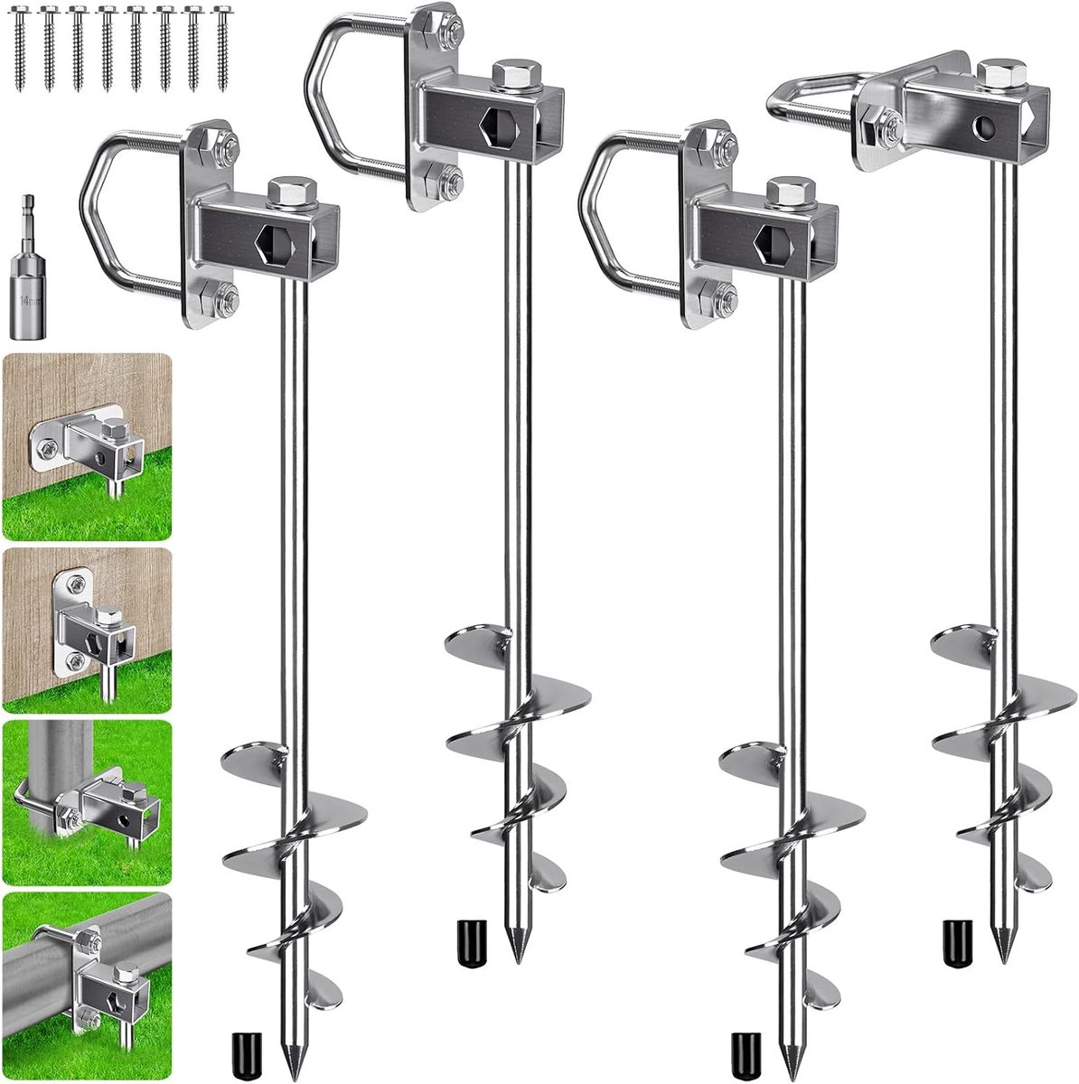 Grondanker, 75 cm trampoline spel schommel anker schroef 4 stuks zware wind storm aarde zand spike 7,2 cm spiraal voor klimframe/stacaravan/carport/hek met vaste plaat en ring, T-basis