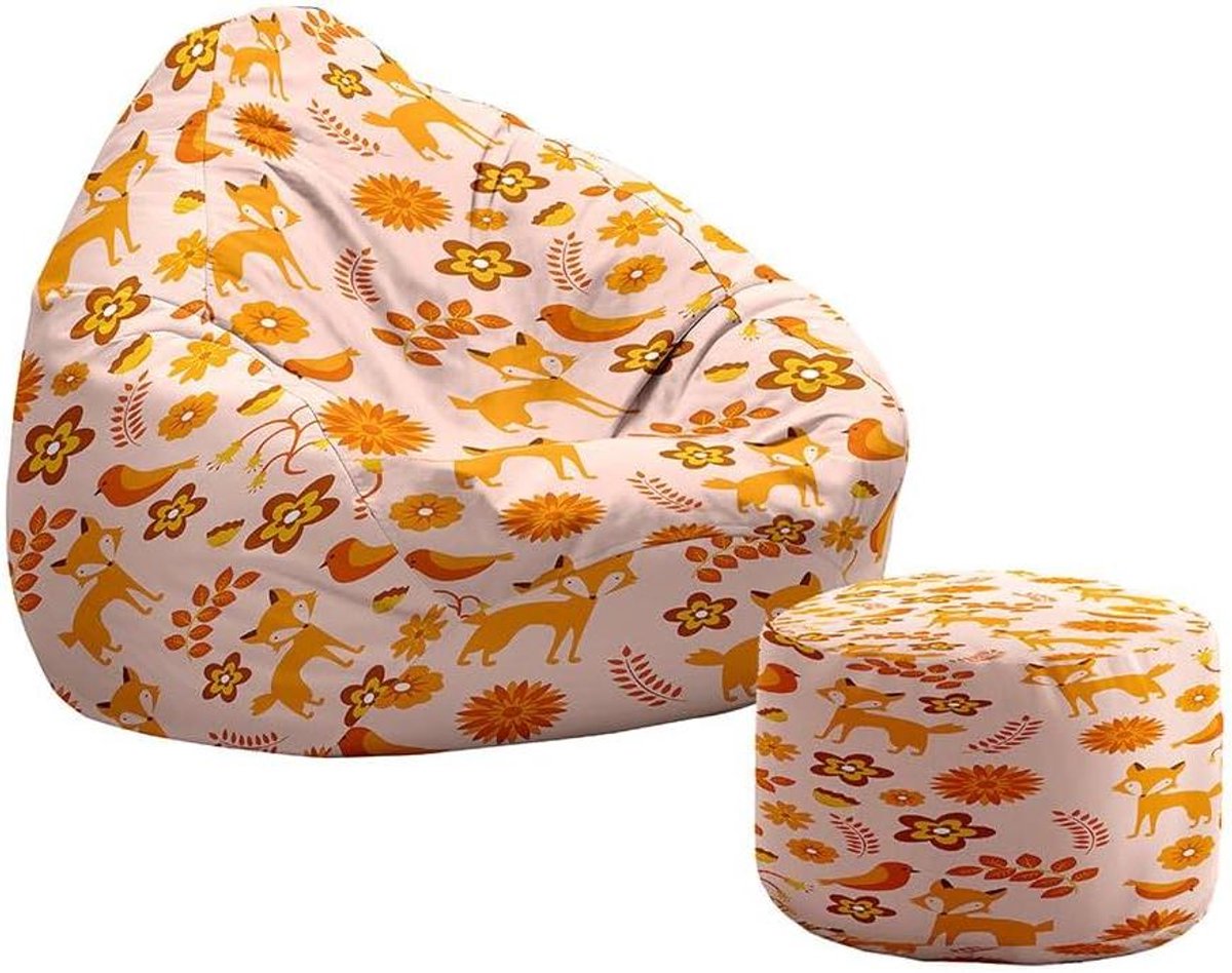 Zitzak met Poef - Luie Stoel - Opbergen en Ontspannen - Ademende Polyester Stof - 70x80+20x30cm - Blad Vos