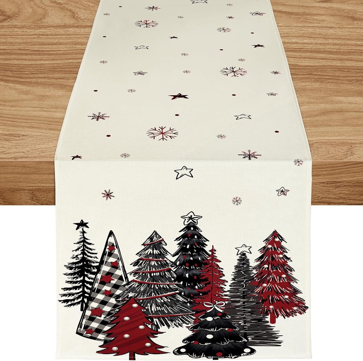 Kerst Tafelrunner 40x140 Modern Zwart en Rood met Kerstbomen en Sneeuwvlokken, Feestelijke Decoratie voor Wintertafel, Ideaal voor Feesten, Eetkamer en Woonkamer
